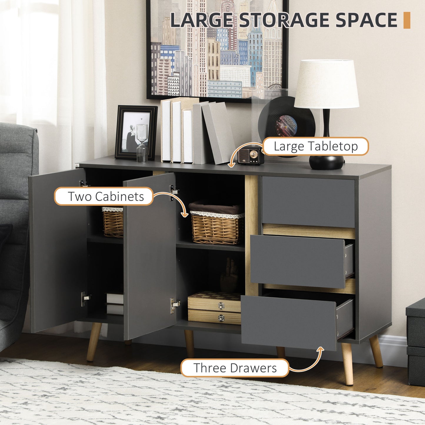 HOMCOM Sideboard Buffet Cabinet with Adjustable Shelves - Dark Grey