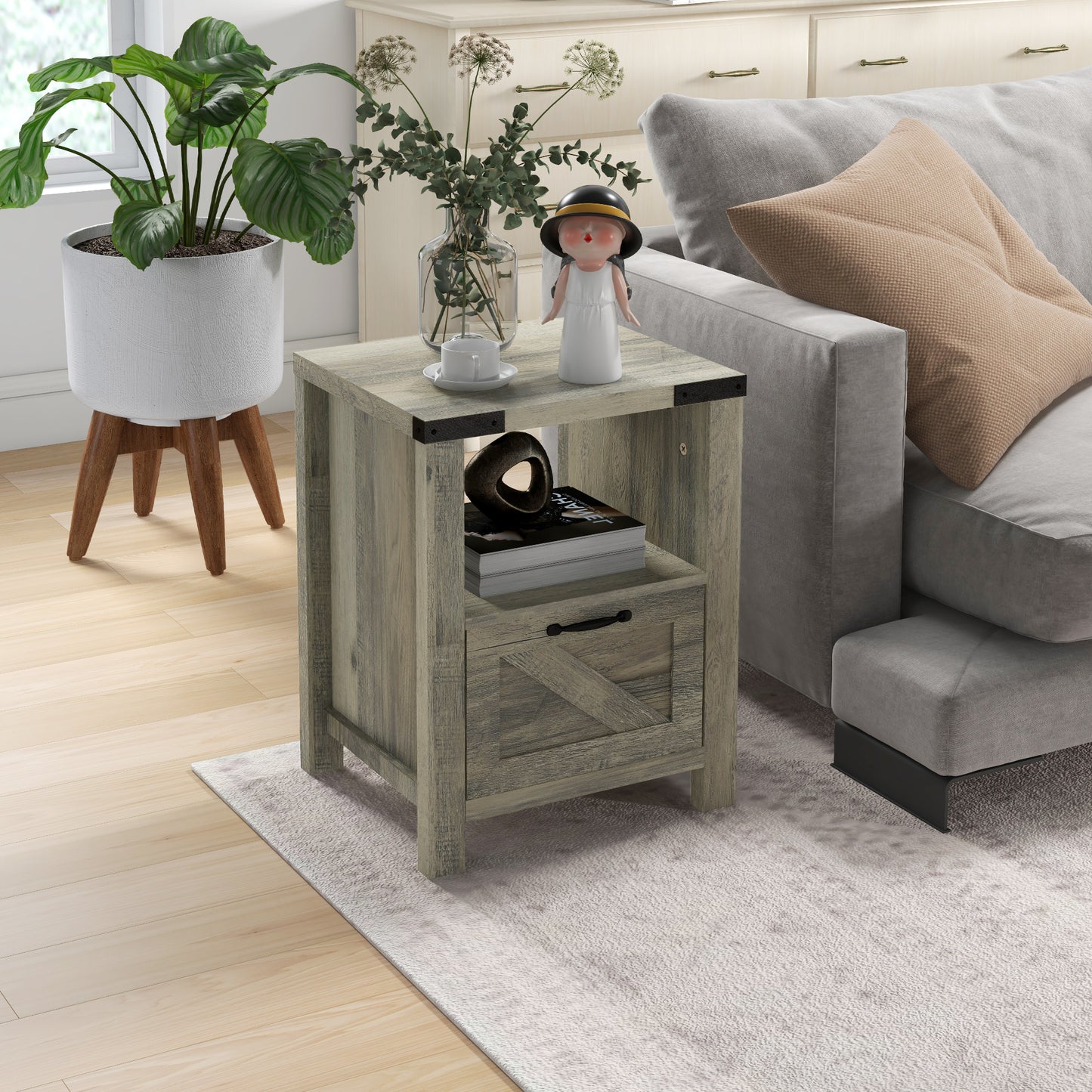 HOMCOM Side Table with Storage, Farmhouse End Table with Drawer, Open Shelf and Barn-style Panel, Nightstand for Living Room, Bedroom, Oak