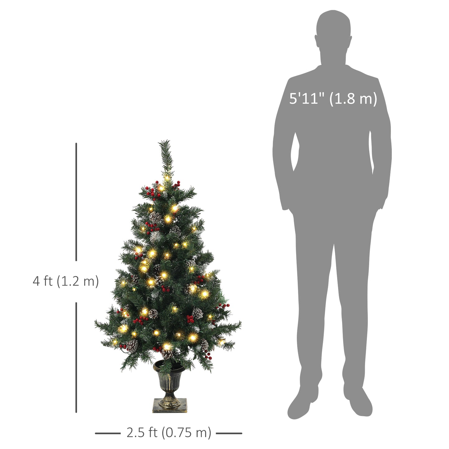 HOMCOM 4FT Pre-Lit Decorated Christmas Tree with Red Berries and Pine Cones Snow Flocked Christmas Tree with LED Lights Green