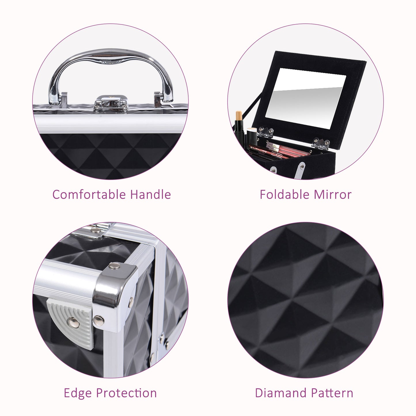 HOMCOM 3 Tier Diamond Texture Makeup Train Case Cosmetic Organizer with Mirror, Black