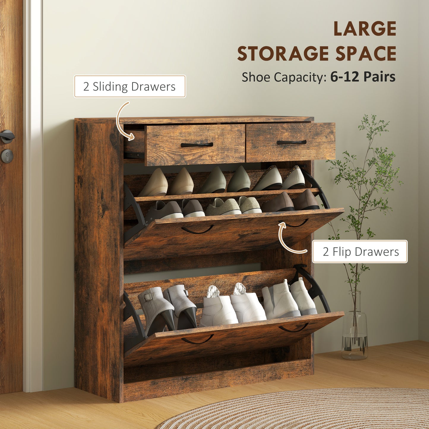 HOMCOM Narrow Shoe Storage with 2 Flip Drawers and Adjustable Shelves Shoe Cabinet Organizer for 12 Pairs of Shoes, White