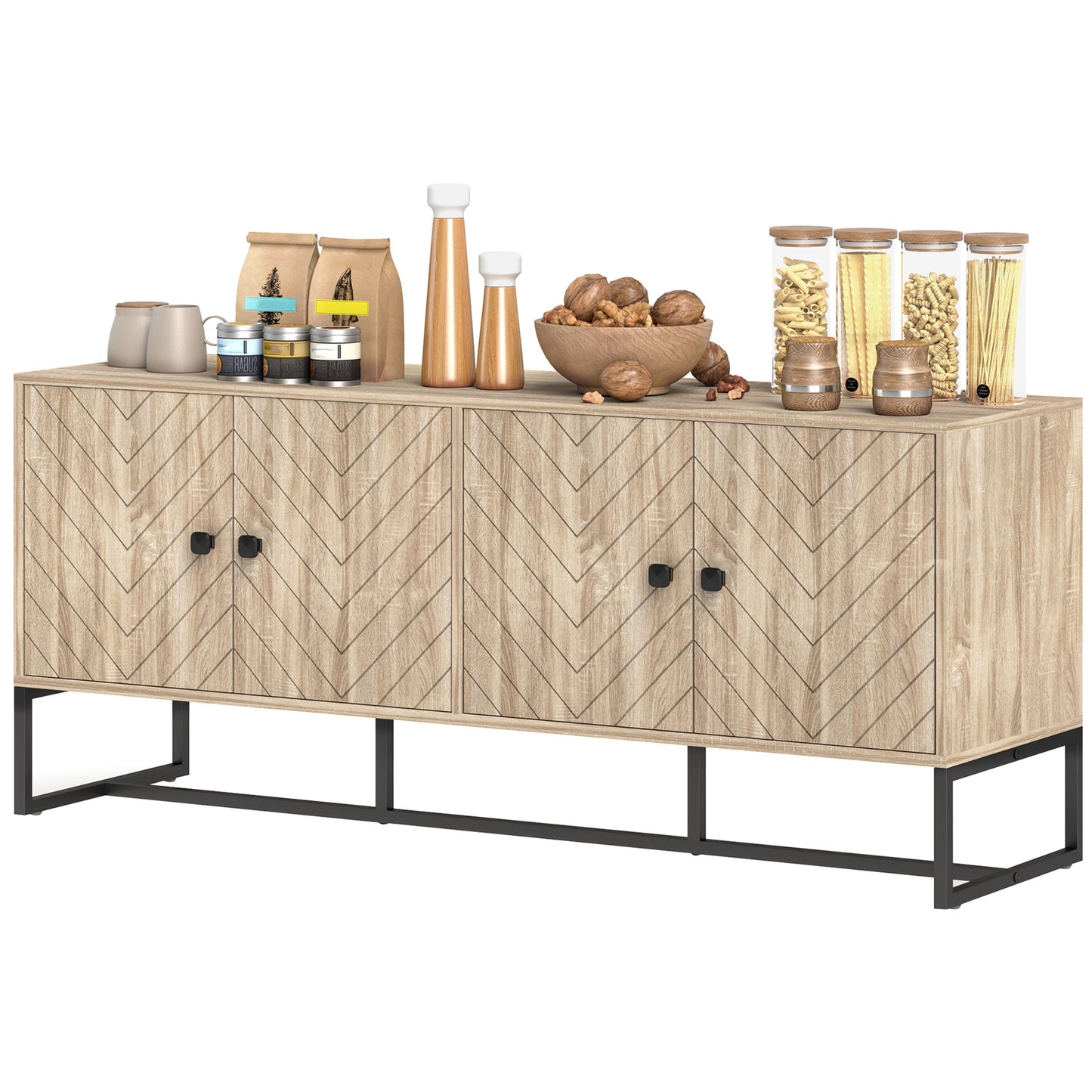 HOMCOM Sideboard Buffet Cabinet with 2 Adjustable Shelves and Steel Base, TV Stand, Coffee Bar Cabinet for Living Room, Oak
