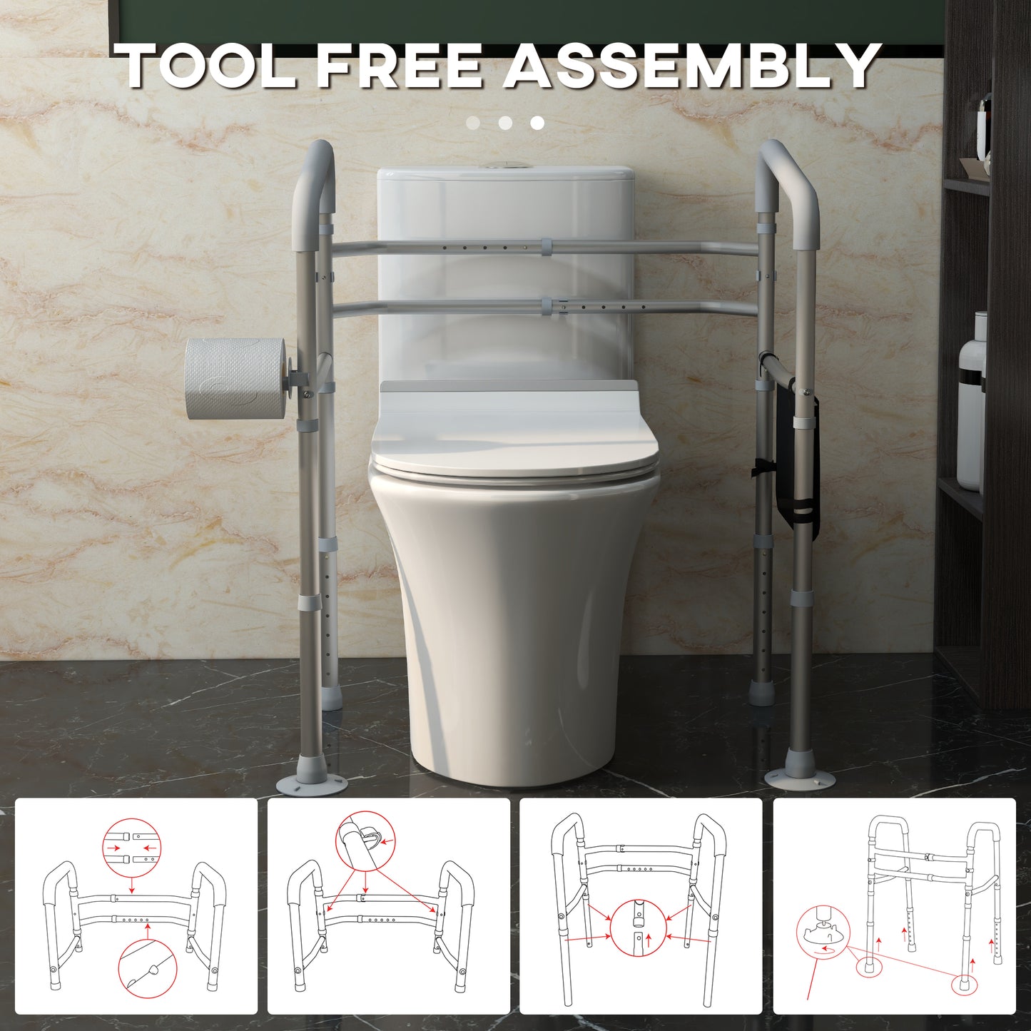 HOMCOM Stand Alone Toilet Safety Rails, Toilet Rails with Adjustable Height Width, 300lb Grab Bar with Suction Cups, Storage, Padded Handles for Elderly