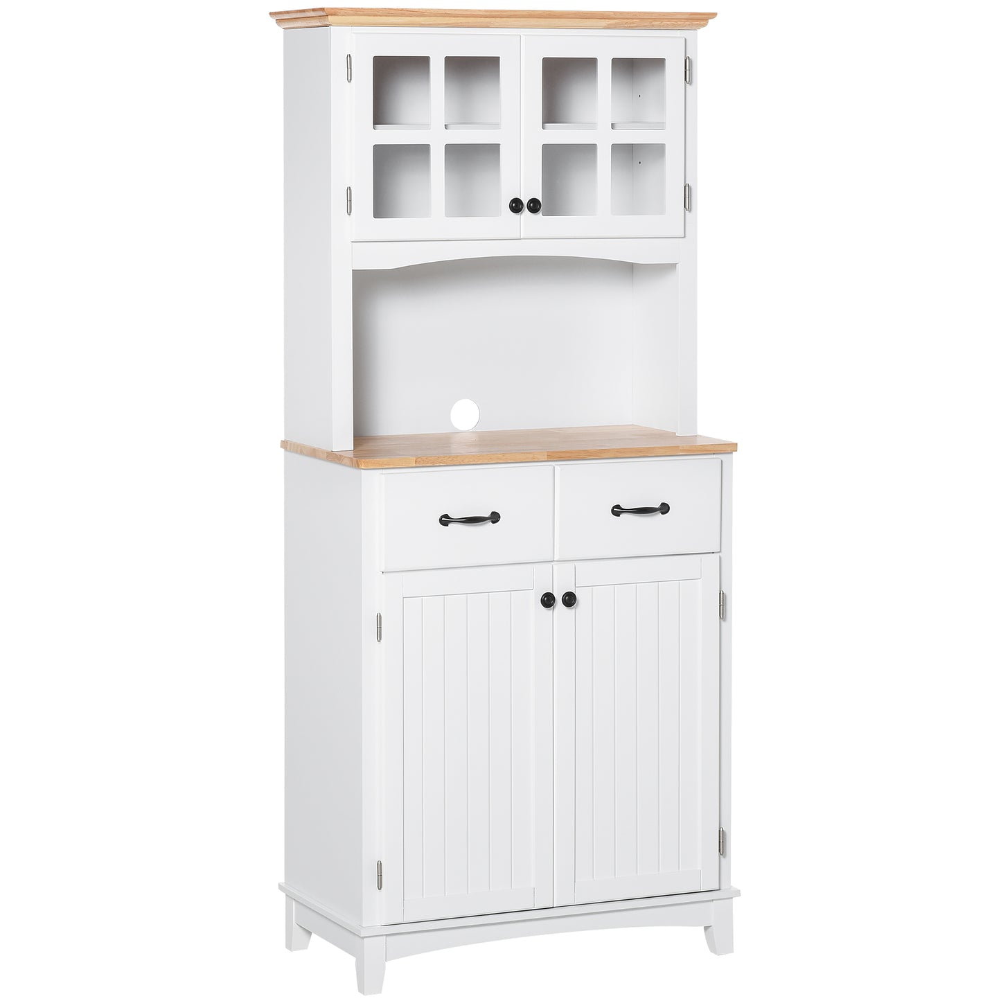 HOMCOM Coastal Style Kitchen Buffet and Hutch Wooden Storage Cabinet with Framed Glass Door Drawers Microwave Space for Dining Room Living Room White