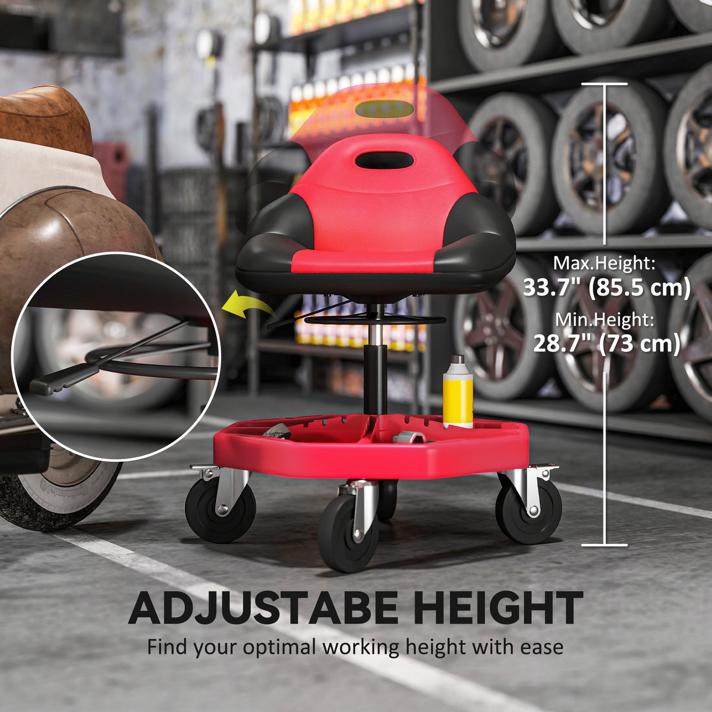 HOMCOM Rolling Garage Stool, 300 LBS Capacity Mechanic Stool with 5" Wheels, Tool Tray Storage, Adjustable Height, Red