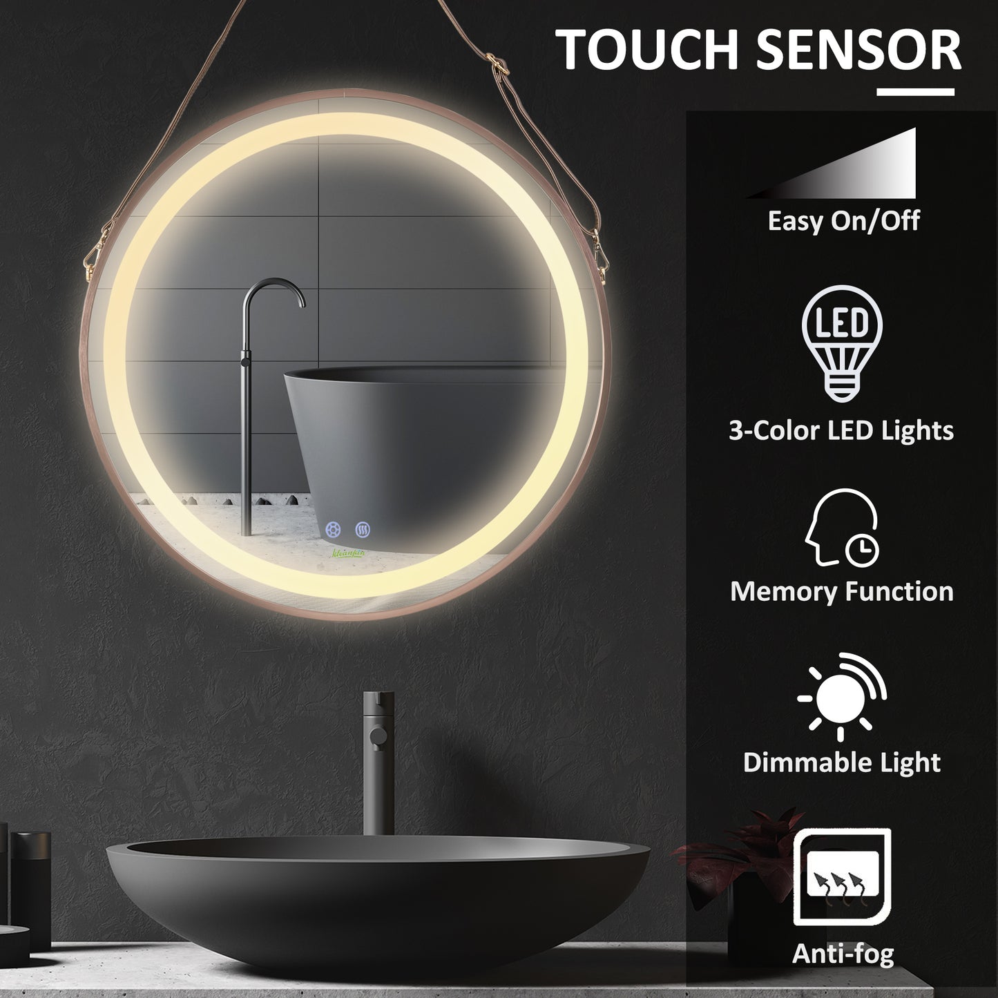 kleankin 24'' Round Led Bathroom Mirror, Dimmable Anti Fog Wall-Mounted Mirror with 3 Temperature Colors, Plug-in, Rose Gold