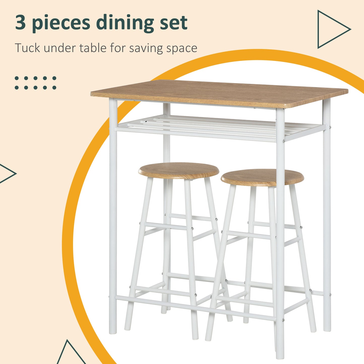 HOMCOM 3 Piece Counter Height Bar Table Set with 1 Table, 2 Matching Stools, Dining Table Set with Storage Shelf and Metal Frame Footrest, White and Oak