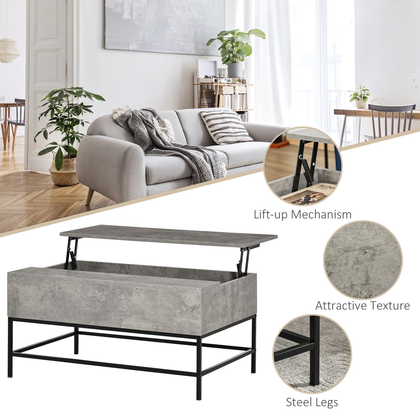 HOMCOM Lift Top Coffee Table with Hidden Storage Compartment Lift Tabletop Center Table for Living Room, Grey