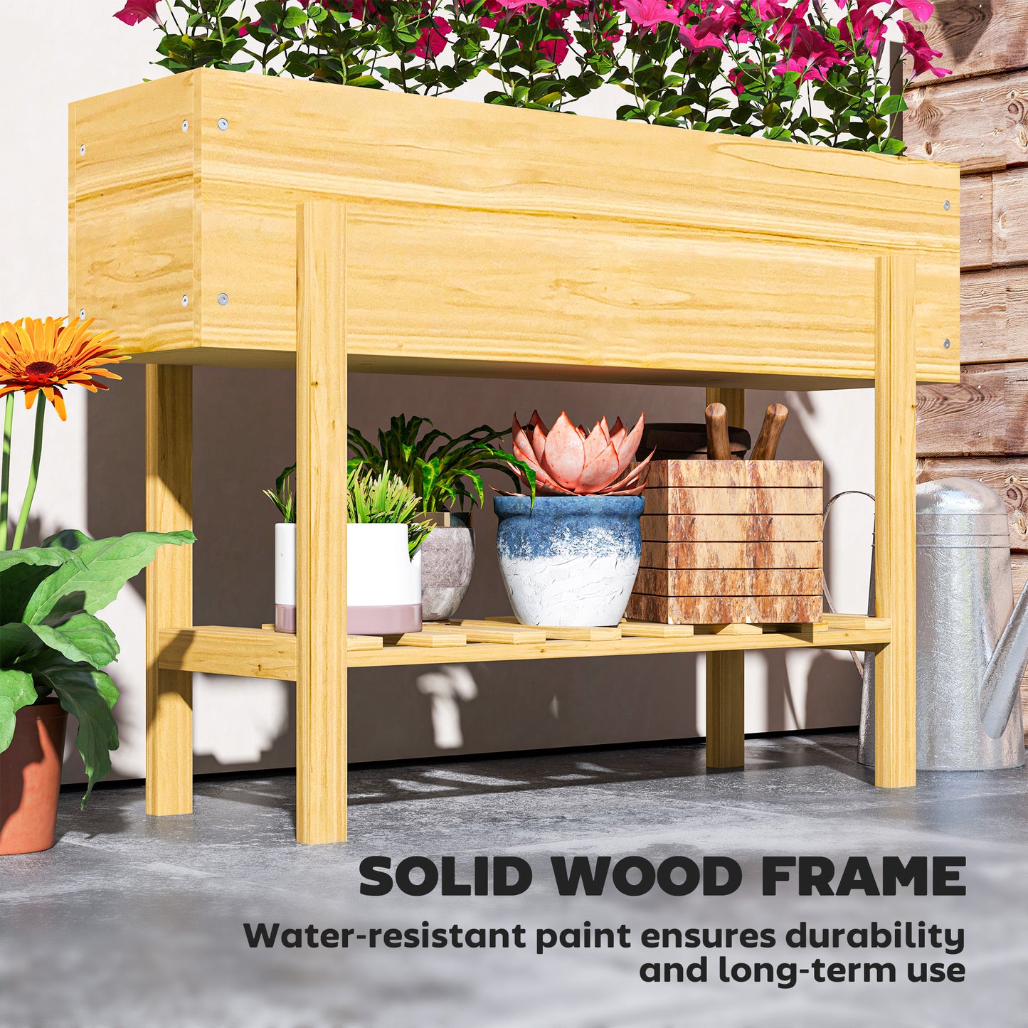 Outsunny Raised Garden Bed with Legs, Elevated Box Planter with Storage Shelf, Bed Liner for Backyard Patio, Natural Wood