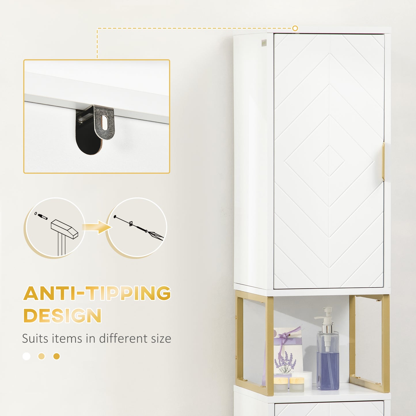 kleankin Tall Bathroom Storage Cabinet, Modern Narrow Bathroom Cabinet with Diamond Chevron Pattern and Adjustable Shelf, White