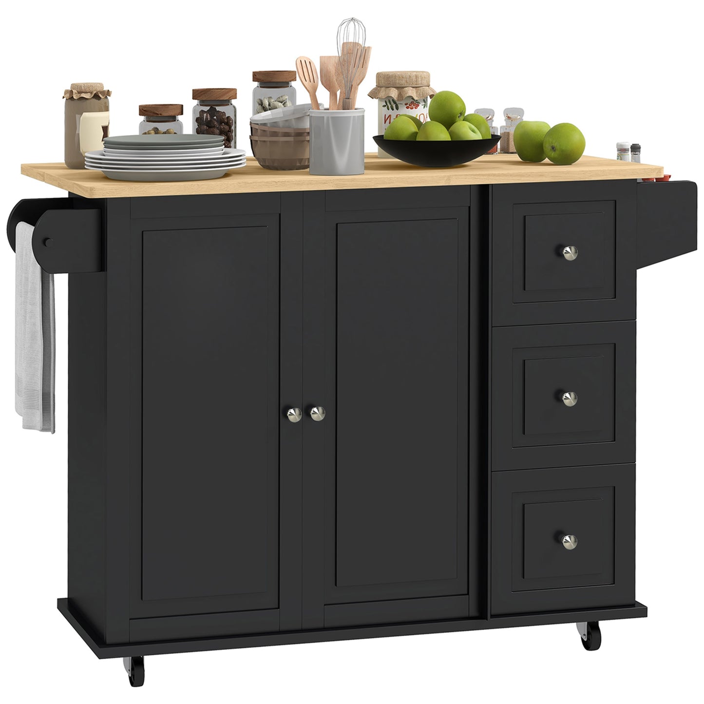 HOMCOM Kitchen Island with Drop Leaf, Rolling Kitchen Cart on Wheels with 3 Drawers, Cabinet, Natural Wood Top, Spice Rack and Towel Rack, White
