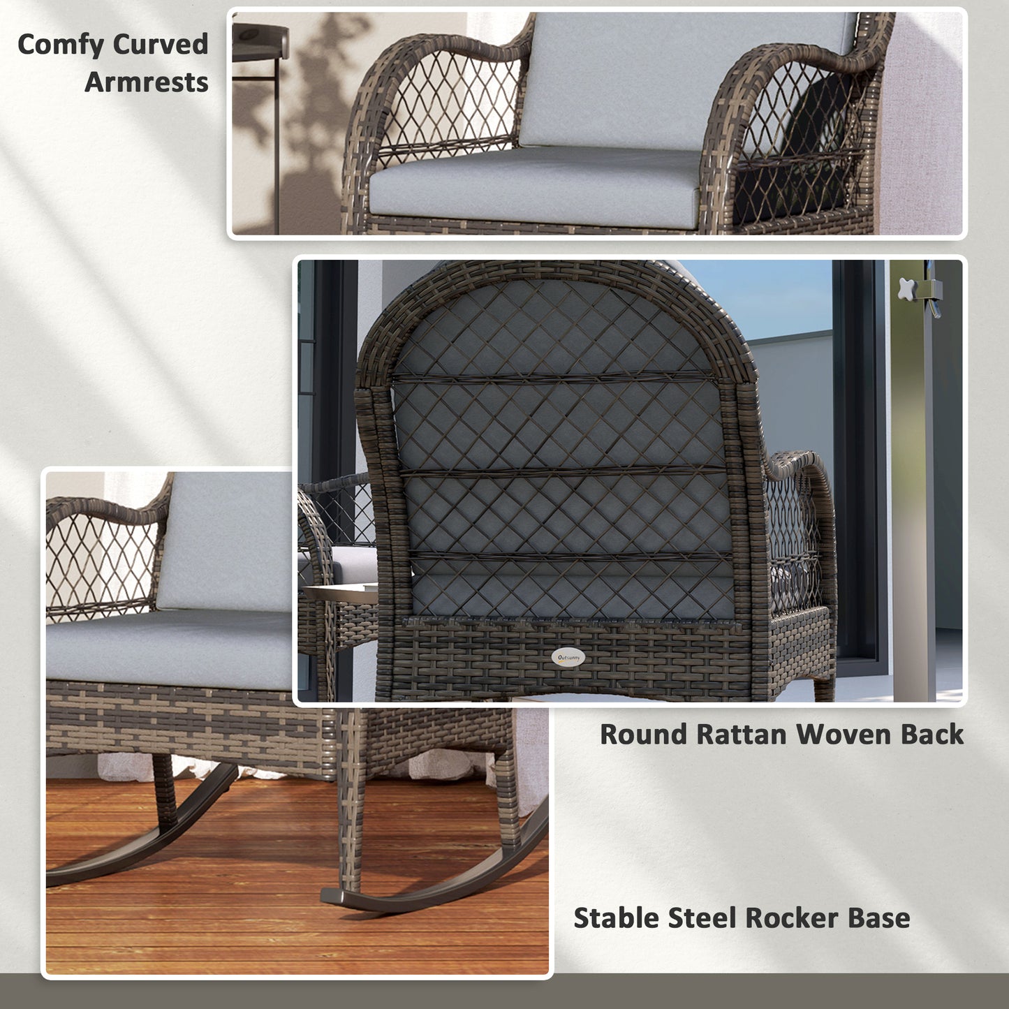 Outsunny 2 Pieces Wicker Rocking Patio Chairs, Indoor Outdoor Rocking Chair Set with Cushions and Armrests for Porch, Grey