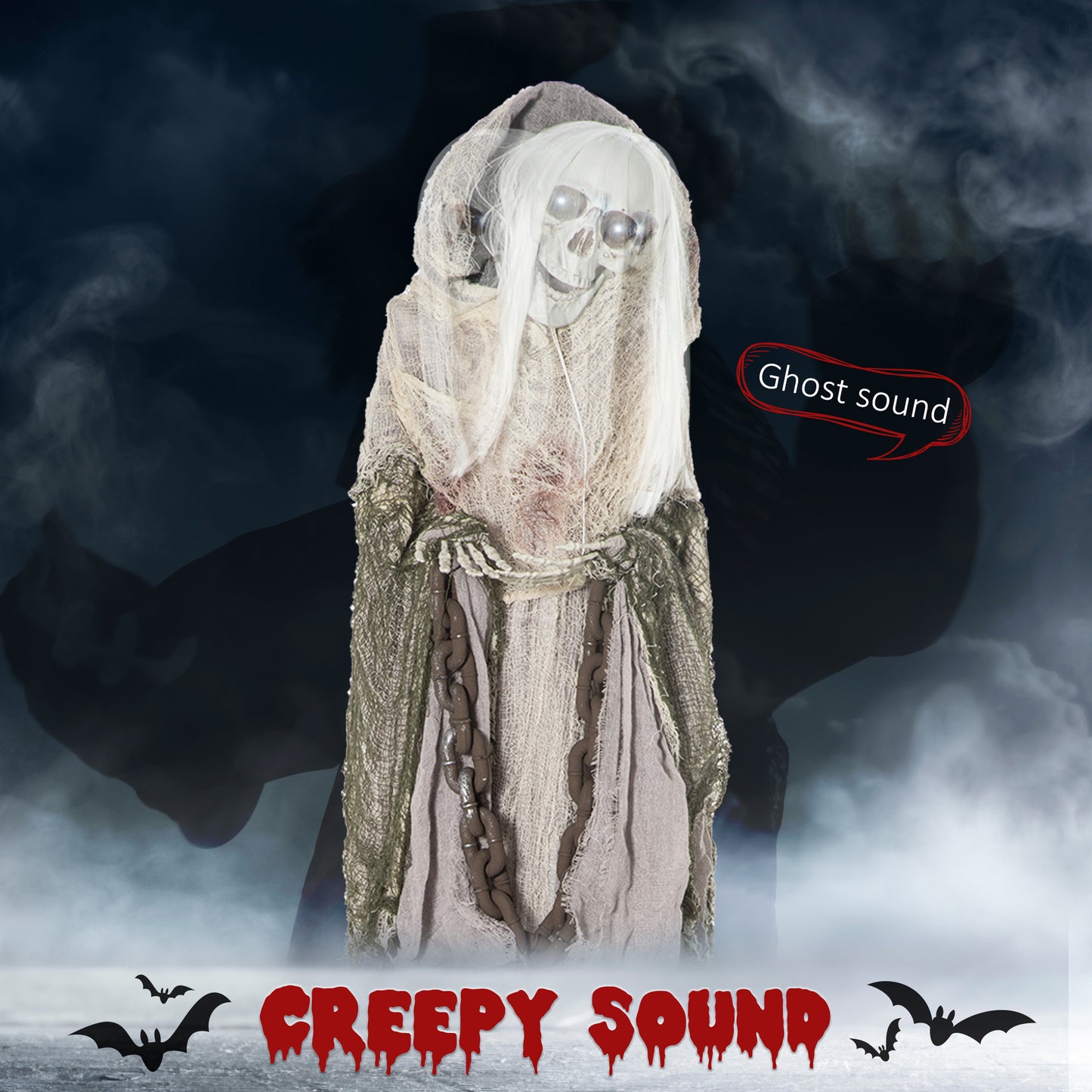 Outsunny 6ft Life Size Outdoor Halloween Decoration Skeleton Witch, Animated Prop with Light Up Eyes, Spooky Sound