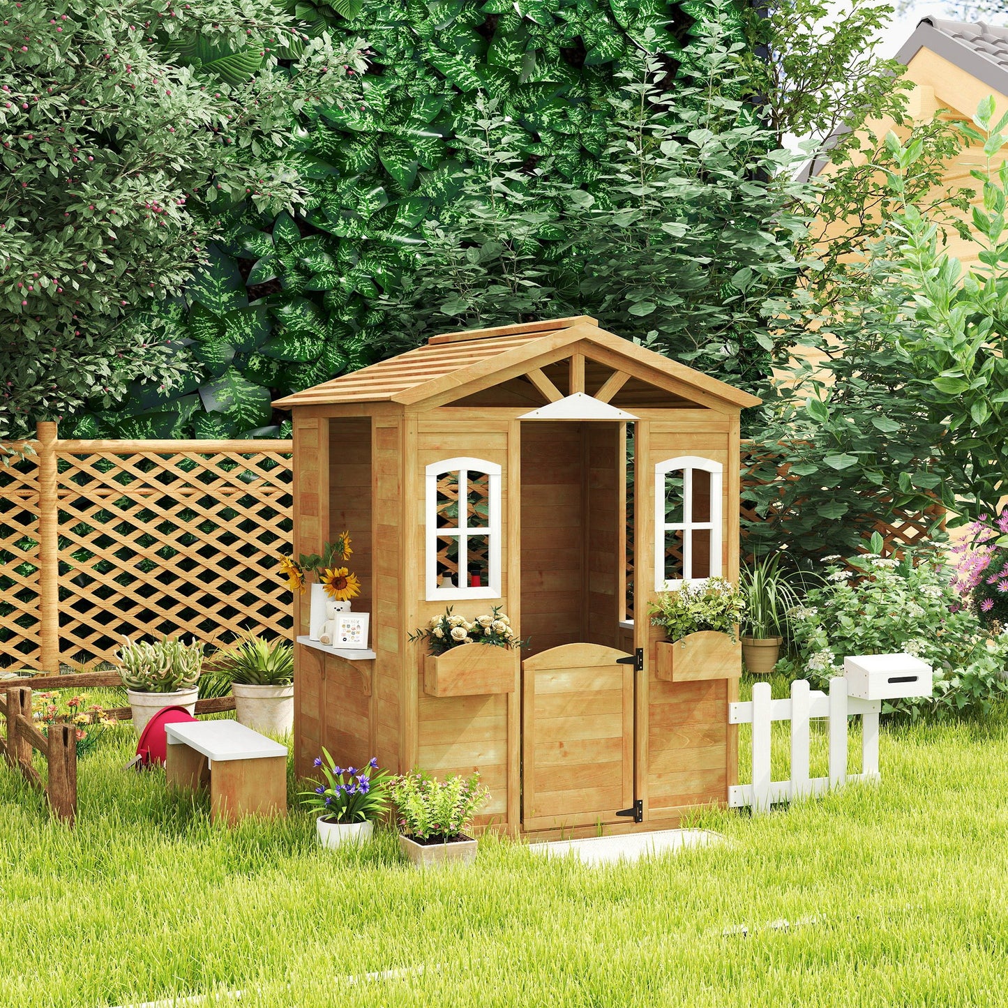 Outsunny Wooden Kids Playhouse with Door Windows Mailbox Flower Pot Holder Serving Station Bench Yellow