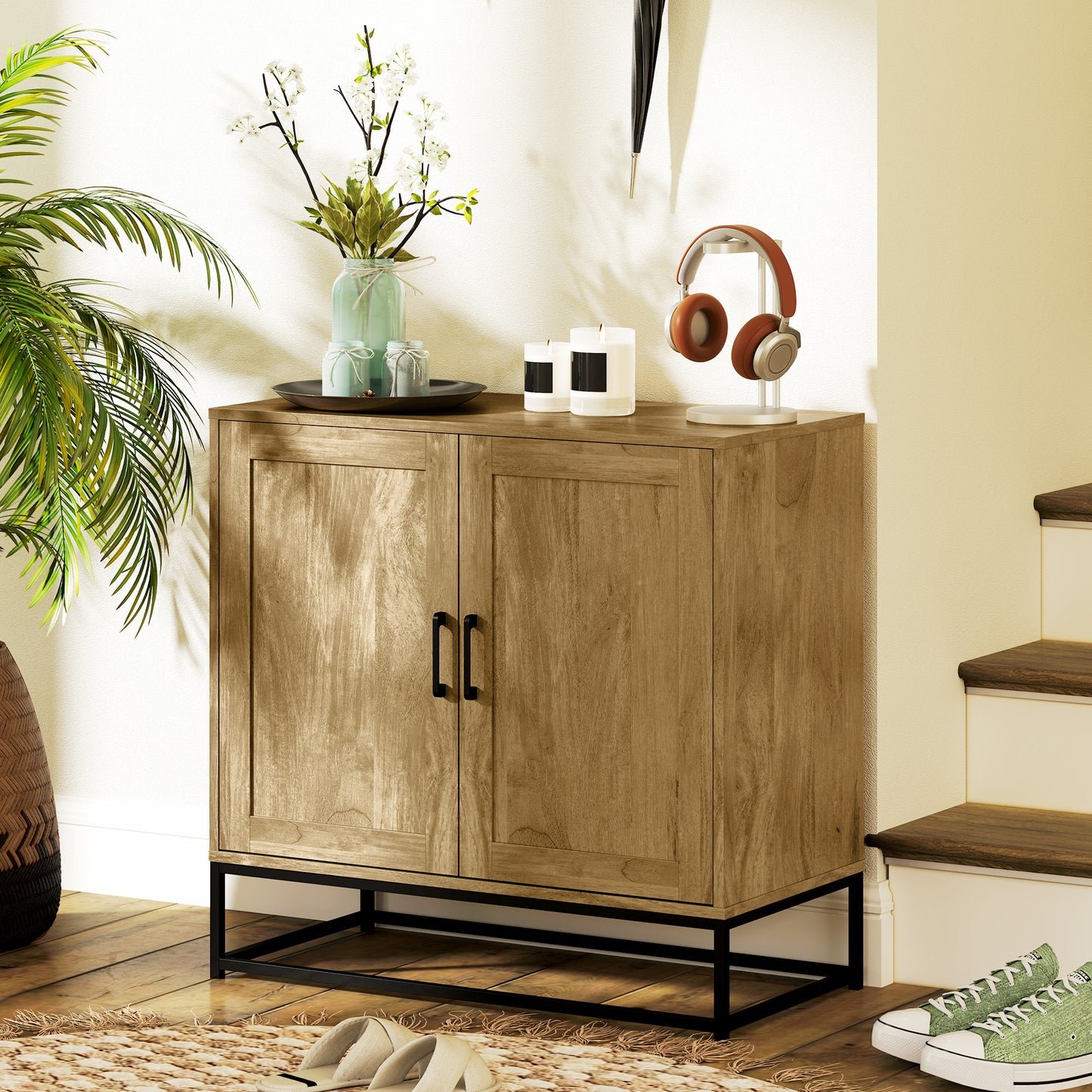 HOMCOM Kitchen Storage Cabinet, Wood Effect Sideboard Buffet Cabinet with Adjustable Shelf and 2 Doors, Nature Wood