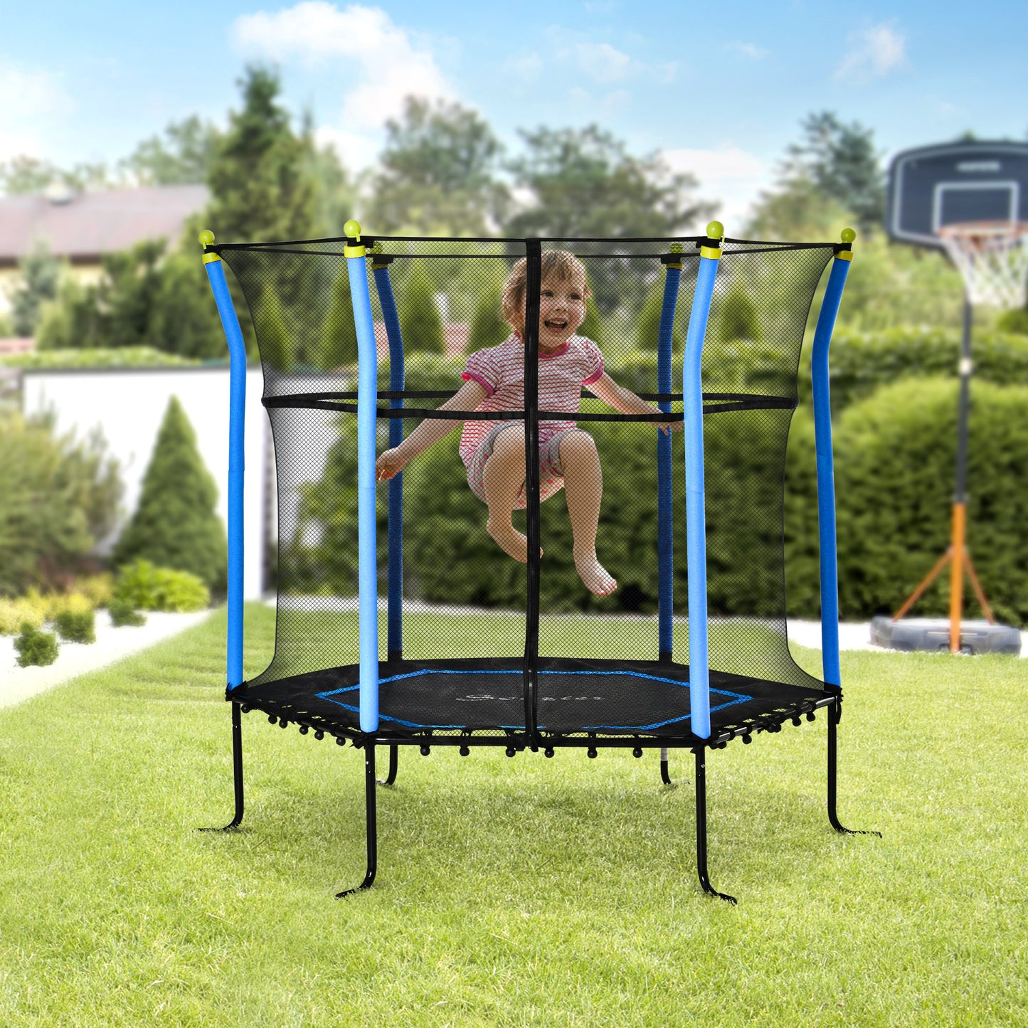 Soozier 64" Kids Trampoline Mini Indoor/Outdoor Bouncer Jumper with Enclosure Net Elastic Thick Padded Pole Gift for Child Toddler Age 3-10 Years Old Blue