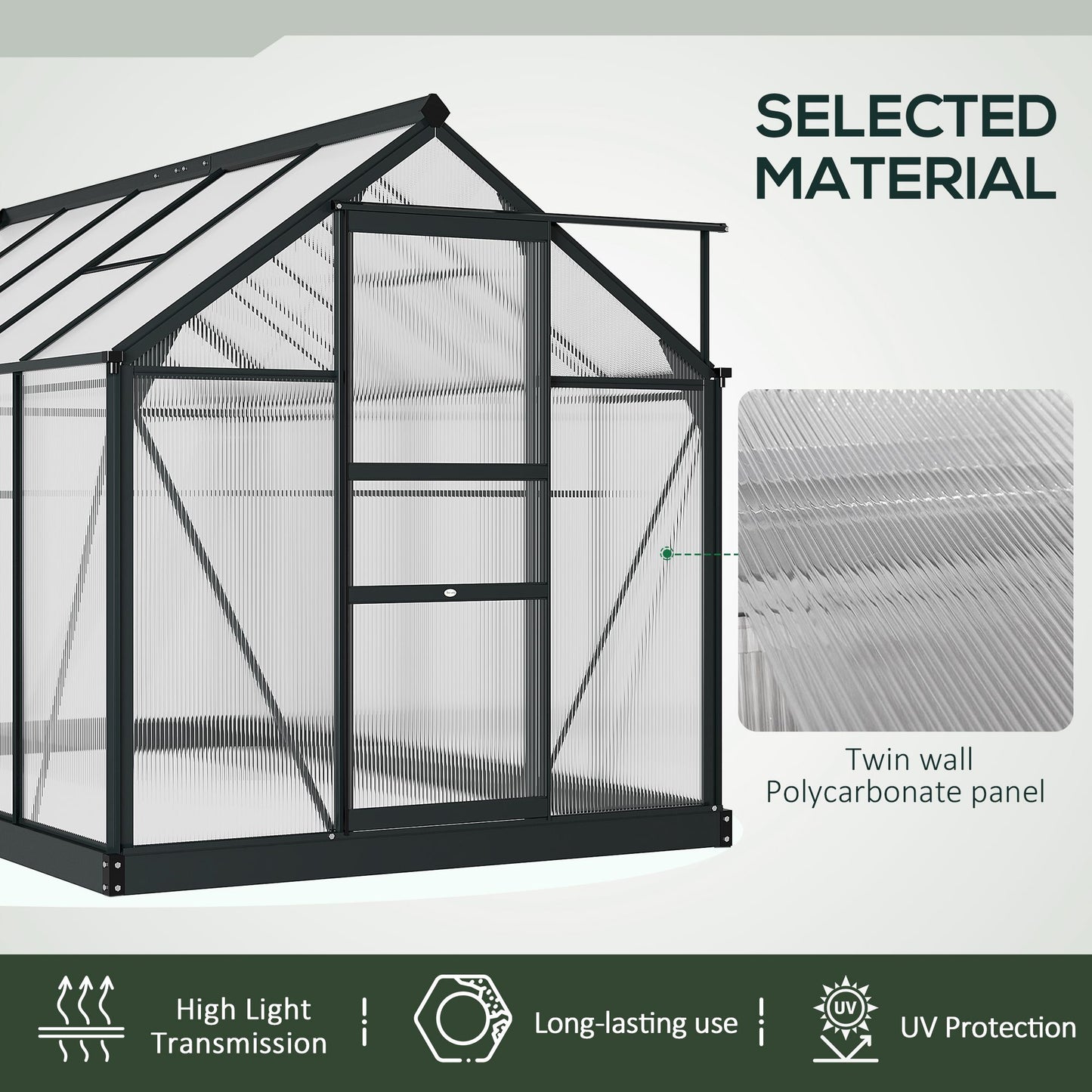 Outsunny 6' x 10' x 6.6' Polycarbonate Greenhouse, Walk-In Green House Kit Garden, Plants Grow, Galvanized Sheet Aluminum Frame with Rain Gutter, Vents and Sliding Door, Green