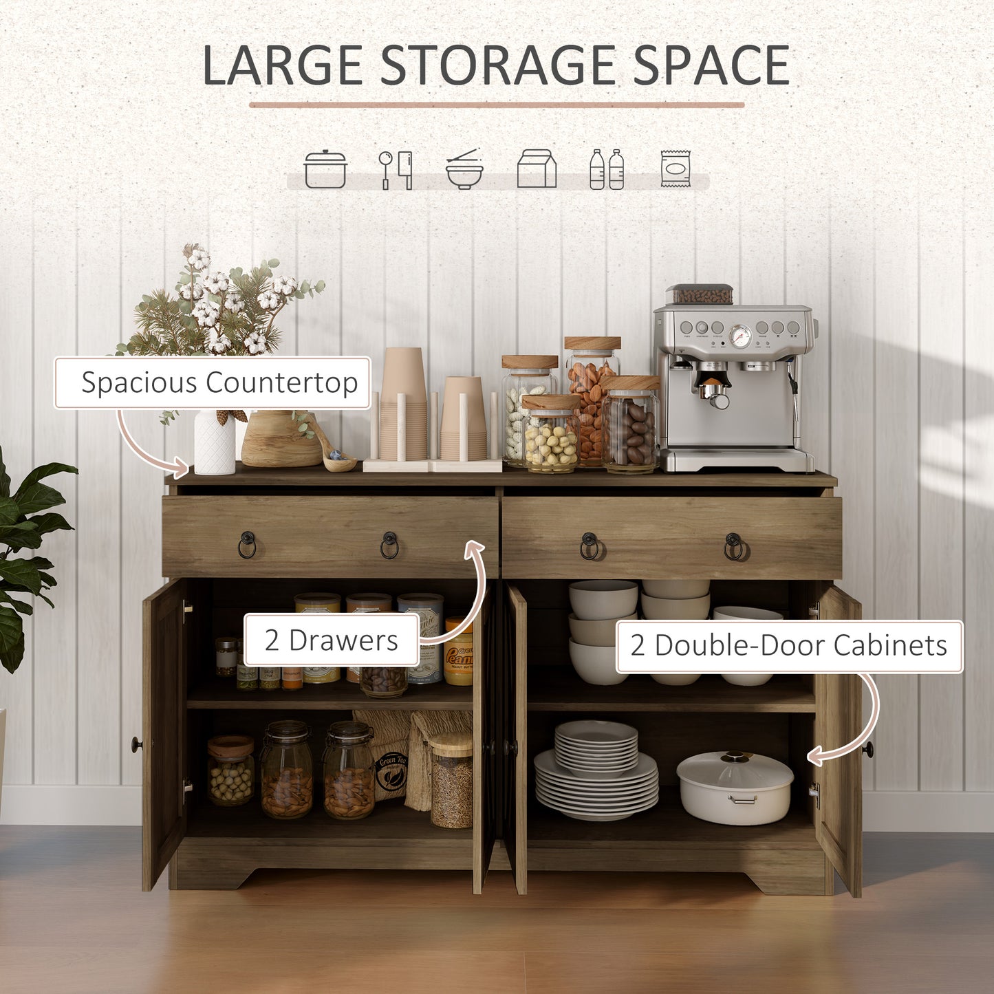 HOMCOM Sideboard Cabinet with 2 Drawers, 4 Barn Doors and 2 Adjustable Shelves, Buffet Table for Living Room, Light Brown
