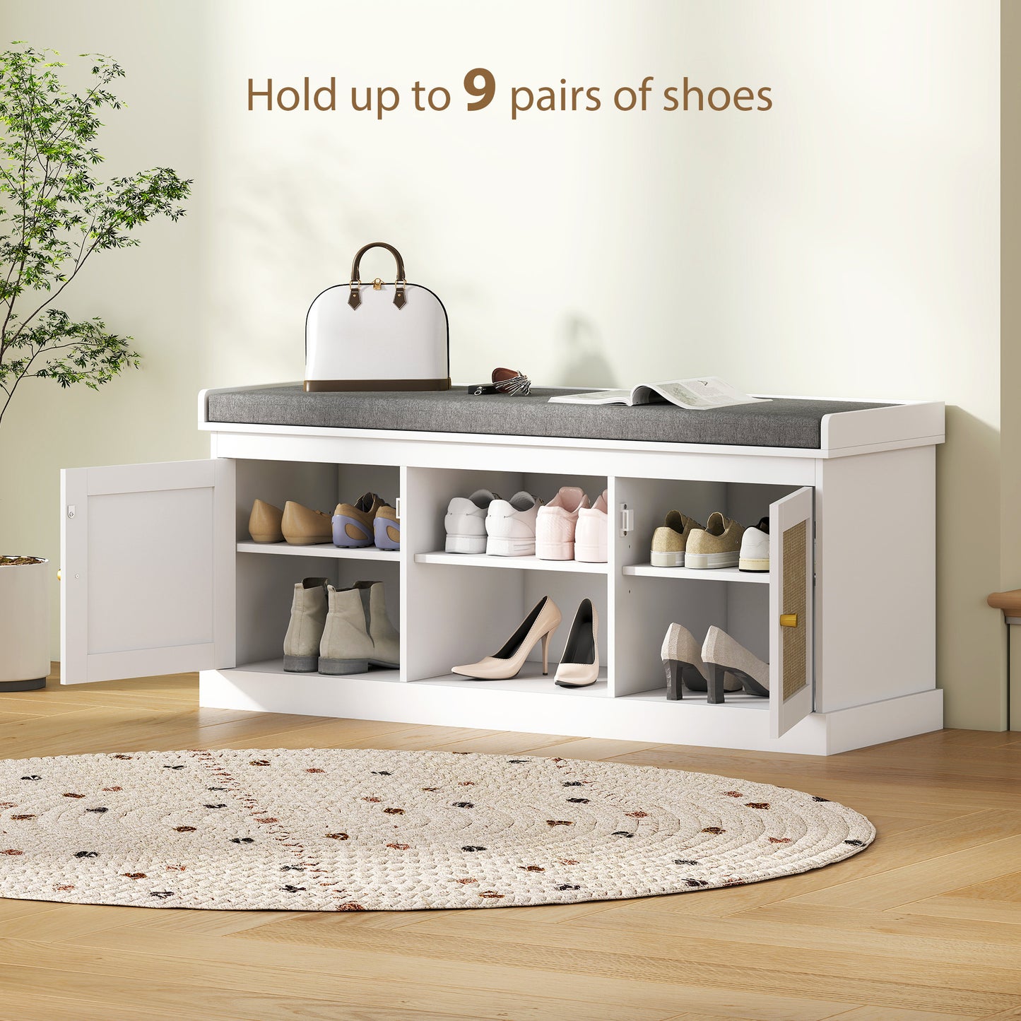 HOMCOM Shoe Bench with Padded Cushion, Boho Entryway Bench with Rattan Doors and Adjustable Shelves, Holds 9 Pairs, White
