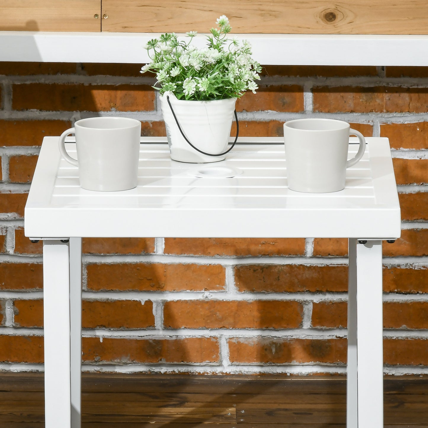 Outsunny Outdoor Side Table, Patio End Table with Umbrella Hole, Small Coffee Table with Steel Frame for Balcony, Black