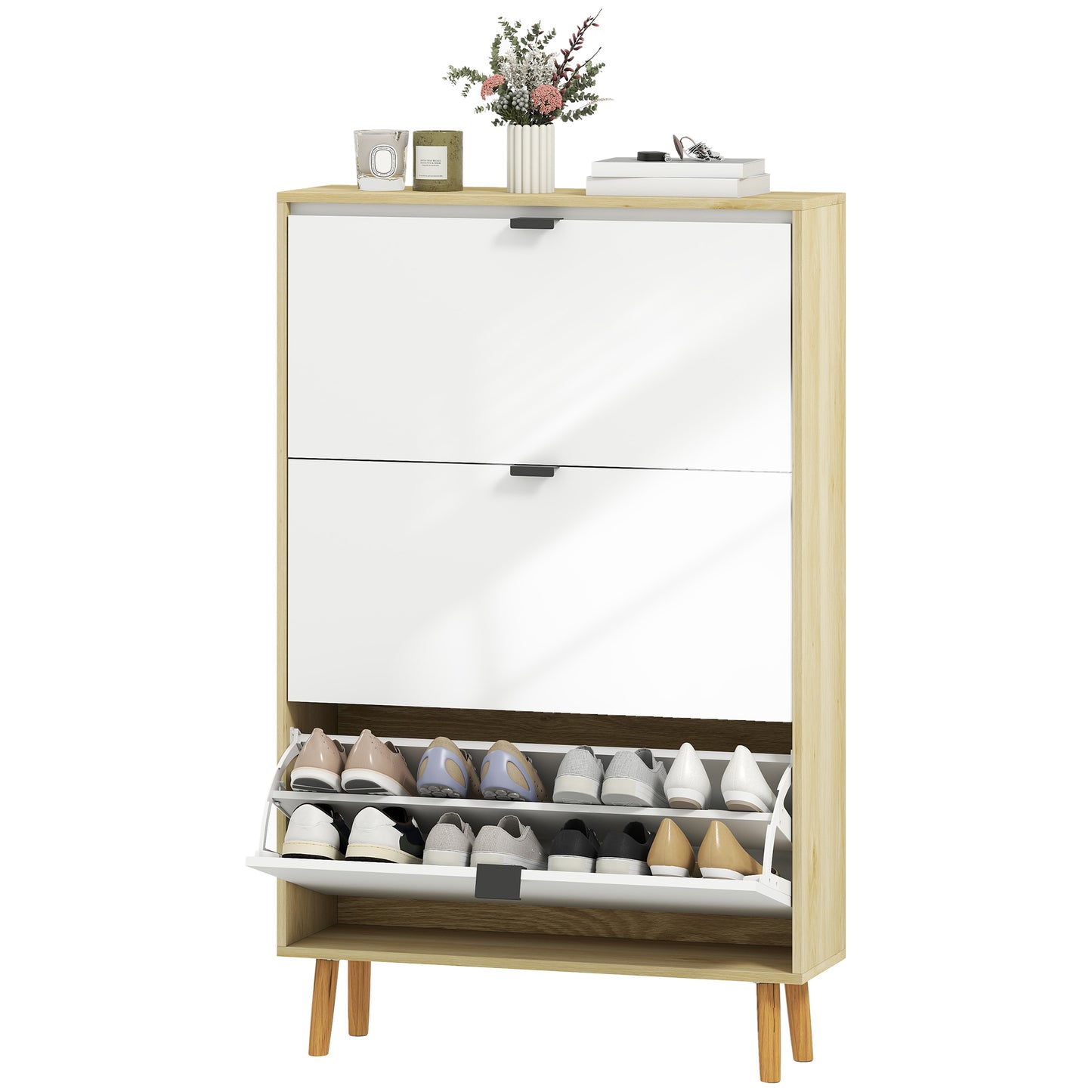 HOMCOM Narrow Shoe Cabinet, High Gloss Shoe Storage Cabinet with 4 Flip Drawers and Adjustable Shelves, Holds 20 Pairs, White