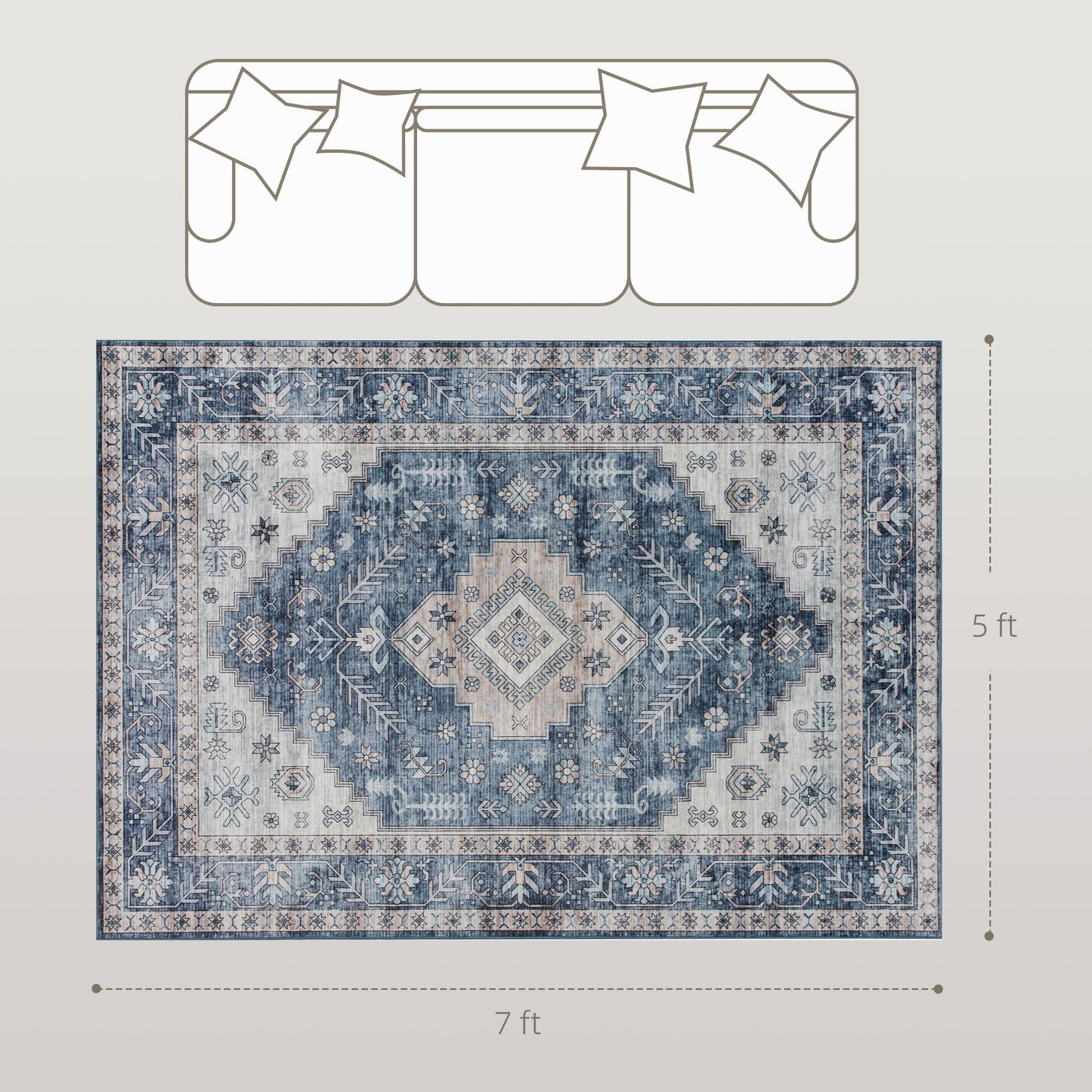 HOMCOM 6x9 Area Rug, Vintage Machine Washable Rug, Non-Slip Floor Carpet for Living Room, Bedroom, Dining Room, Blue