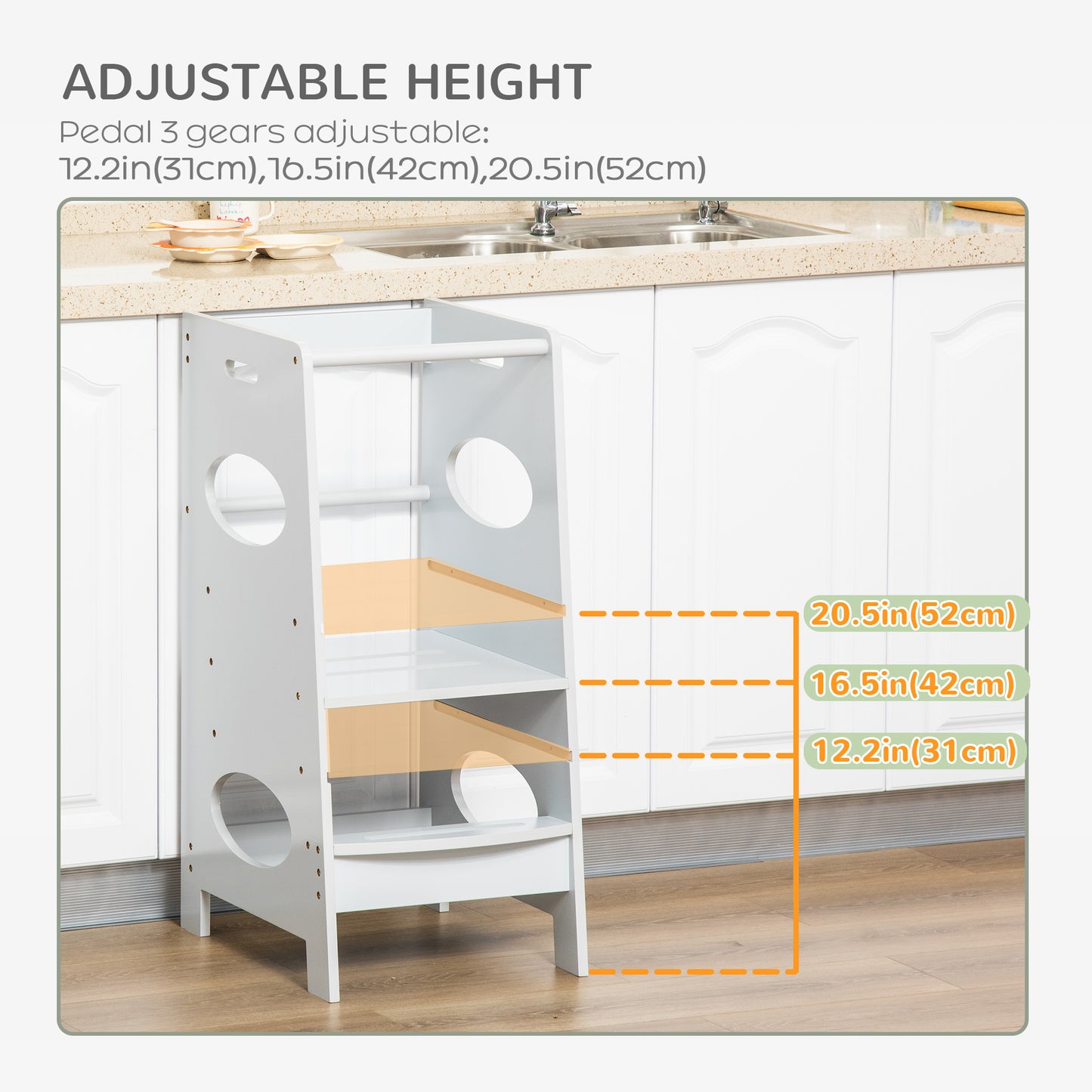 HOMCOM Toddler Tower Kitchen Helper with 3-Level Adjustable Height, Heavy-Duty Kids Step Stool with Safety Rail, White
