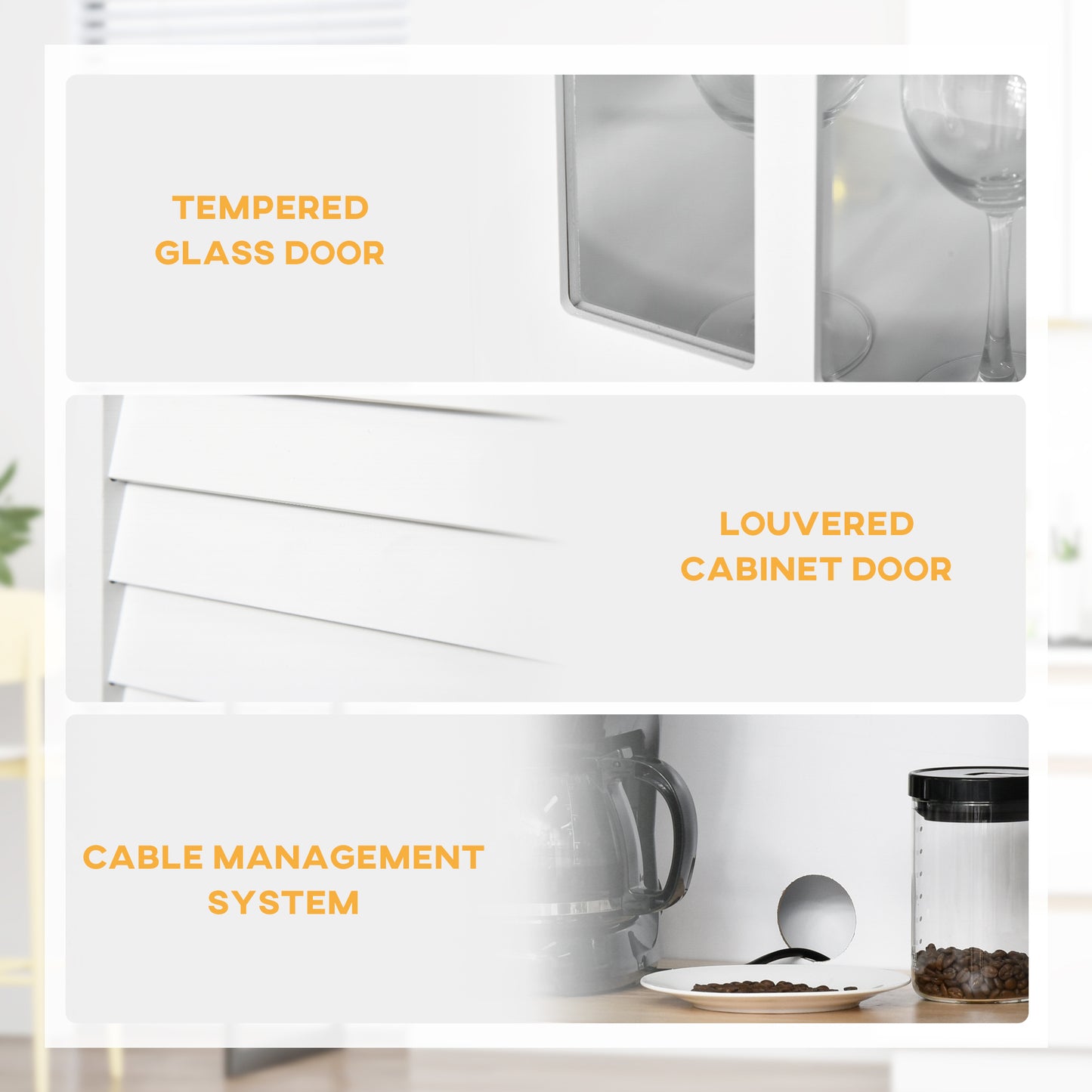 HOMCOM Coastal Style Kitchen Buffet and Hutch Wooden Storage Cupboard with Framed Glass Door LouveredCabinet Drawers Microwave Space for Dining Room Living Room White