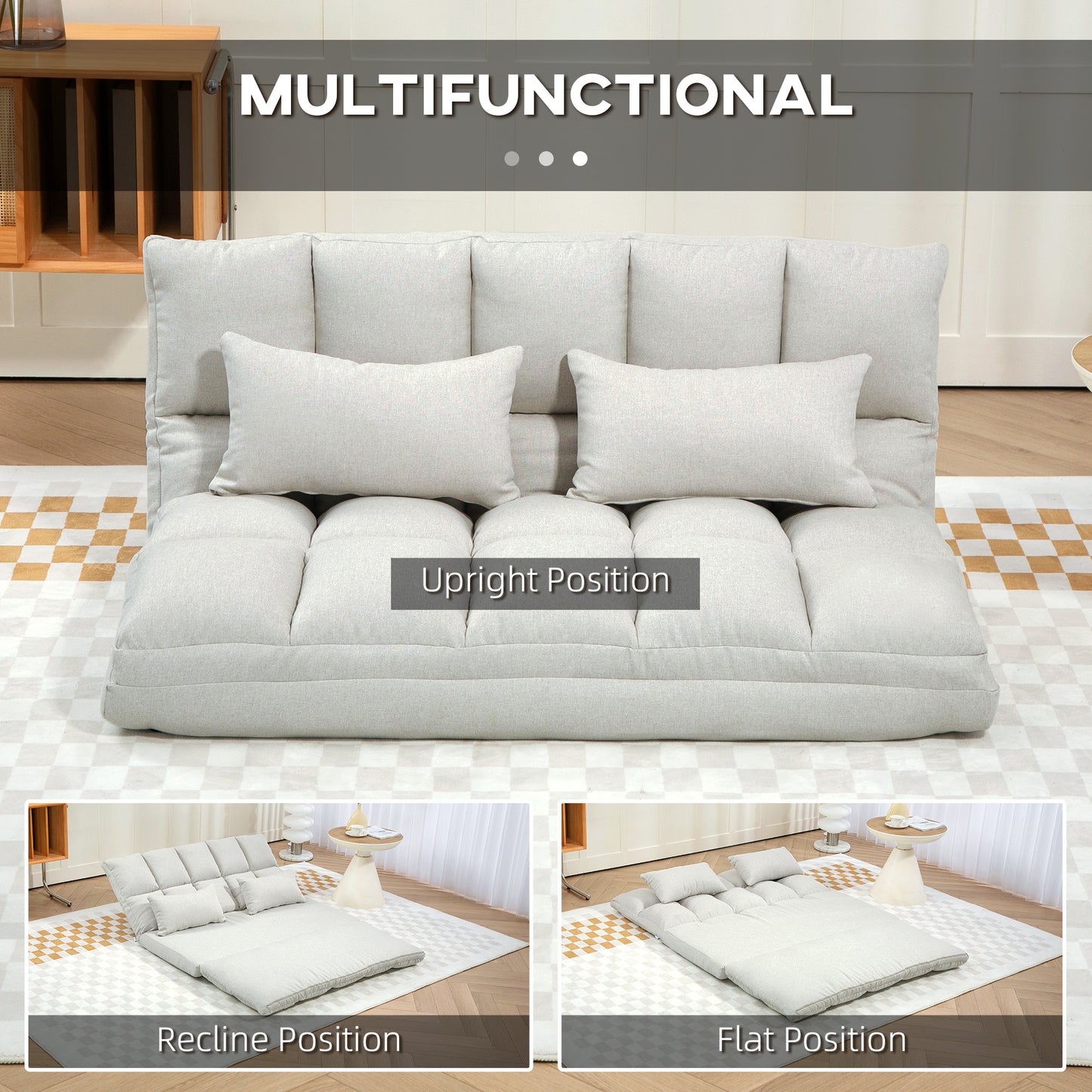 HOMCOM 51" Folding Floor Sofa, Foldable 2-Seater Lazy Sofa Sleeper Bed, Adjustable Linen Floor Couch with 9-position Backrest, 2 Pillows and Wide Seat for Living Room, Grey