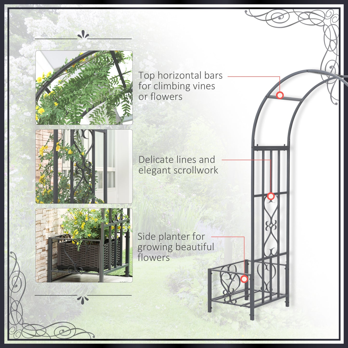 Outsunny 7FT Metal Garden Arch with 2 Planter Boxes, Decorative Outdoor Walkway Arbor for Climbing Vine Plants for Patio Backyard Lawn Party Ceremony, Dark Grey