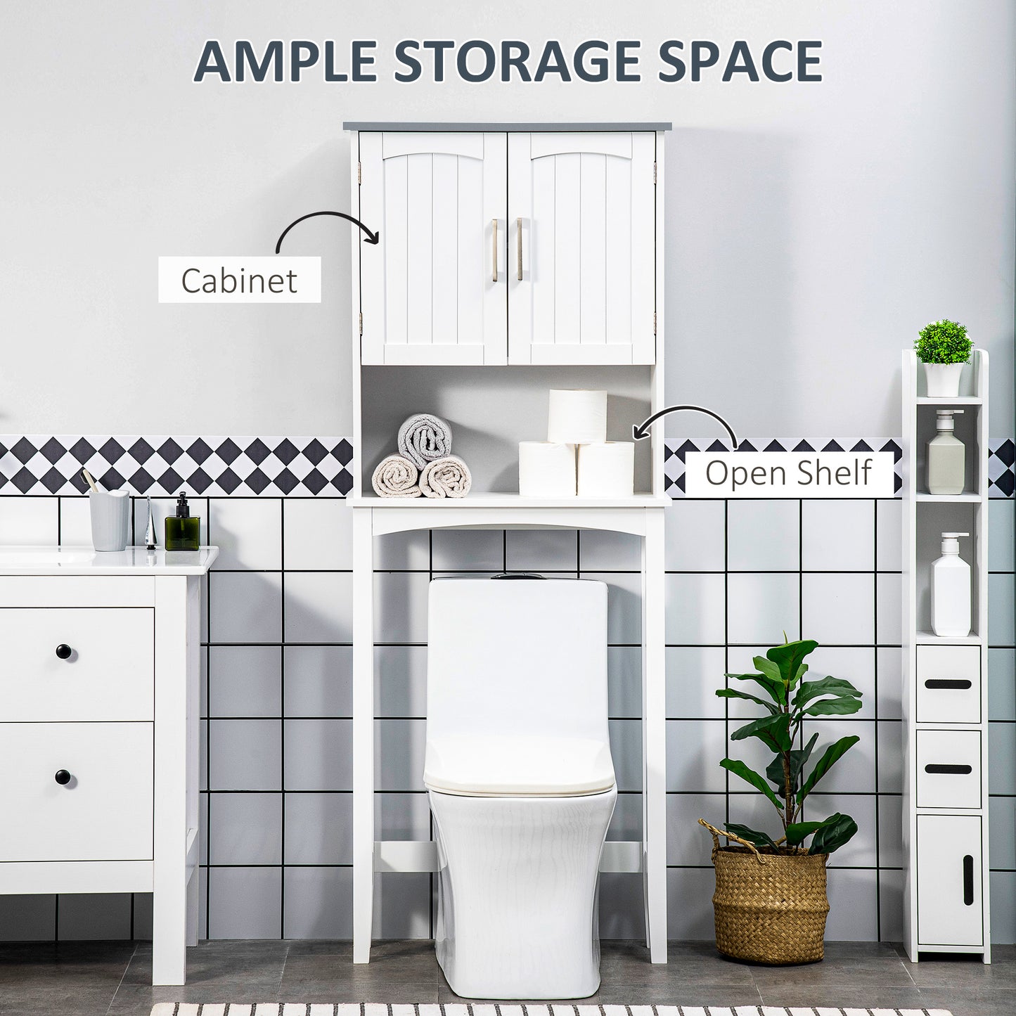 kleankin Modern Over The Toilet Storage Cabinet, Double Door Over Toilet Bathroom Organizer with Adjustable Shelf and Open Shelf, Space Saver, White