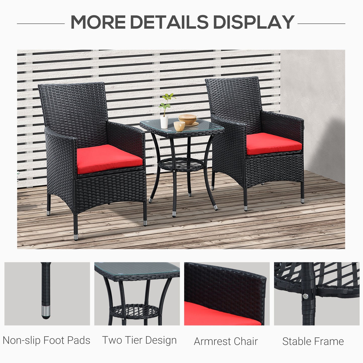 Outsunny 3 Pieces Wicker Patio Furniture Set, Rattan Bistro Set with Glass Top Coffee Table and Cushions, Outdoor Conversation Set for Garden, Porch, Balcony, Grey