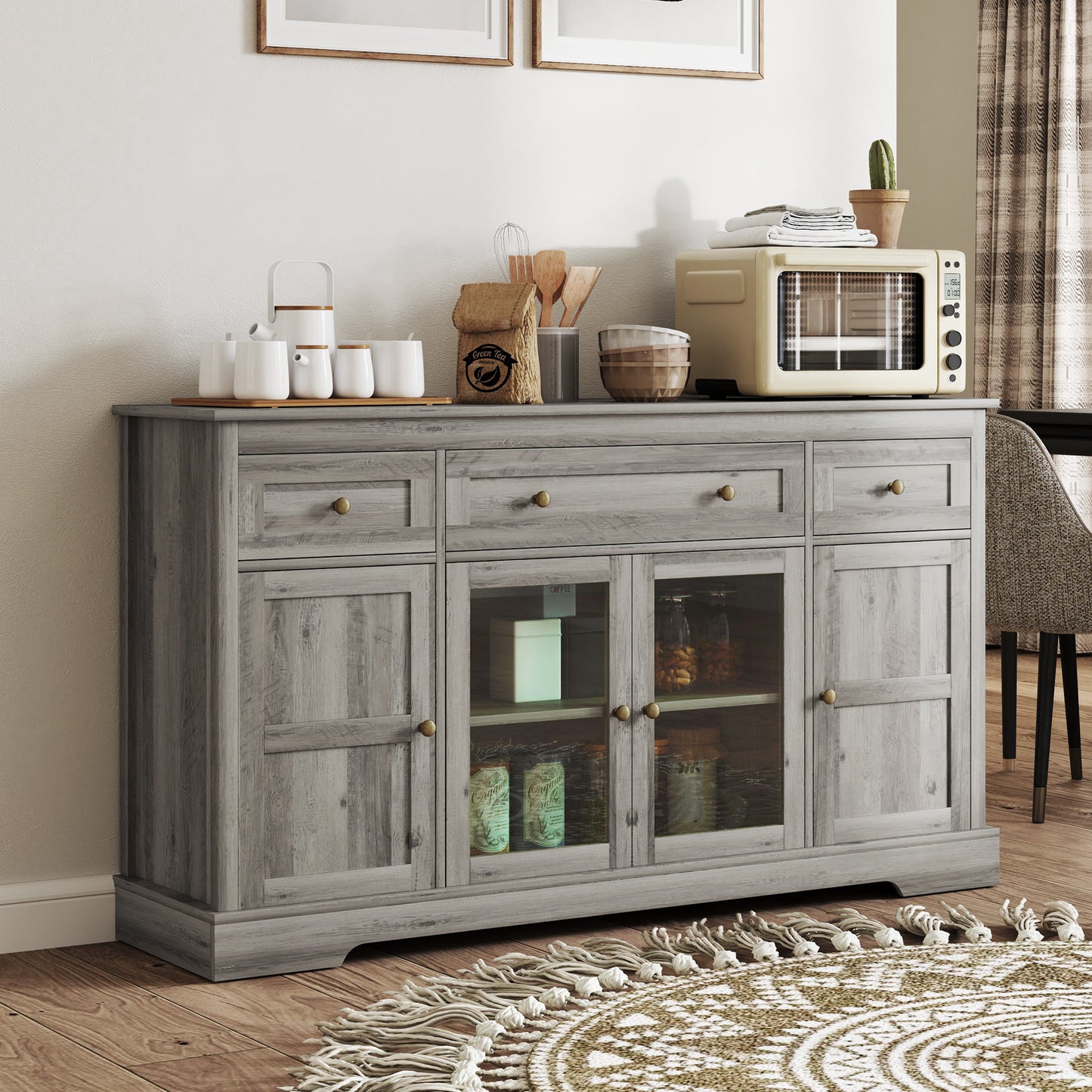HOMCOM Sideboard Buffet Cabinet with Storage, Coffee Bar Cabinet with Glass Doors and Adjustable Shelves, Distressed White