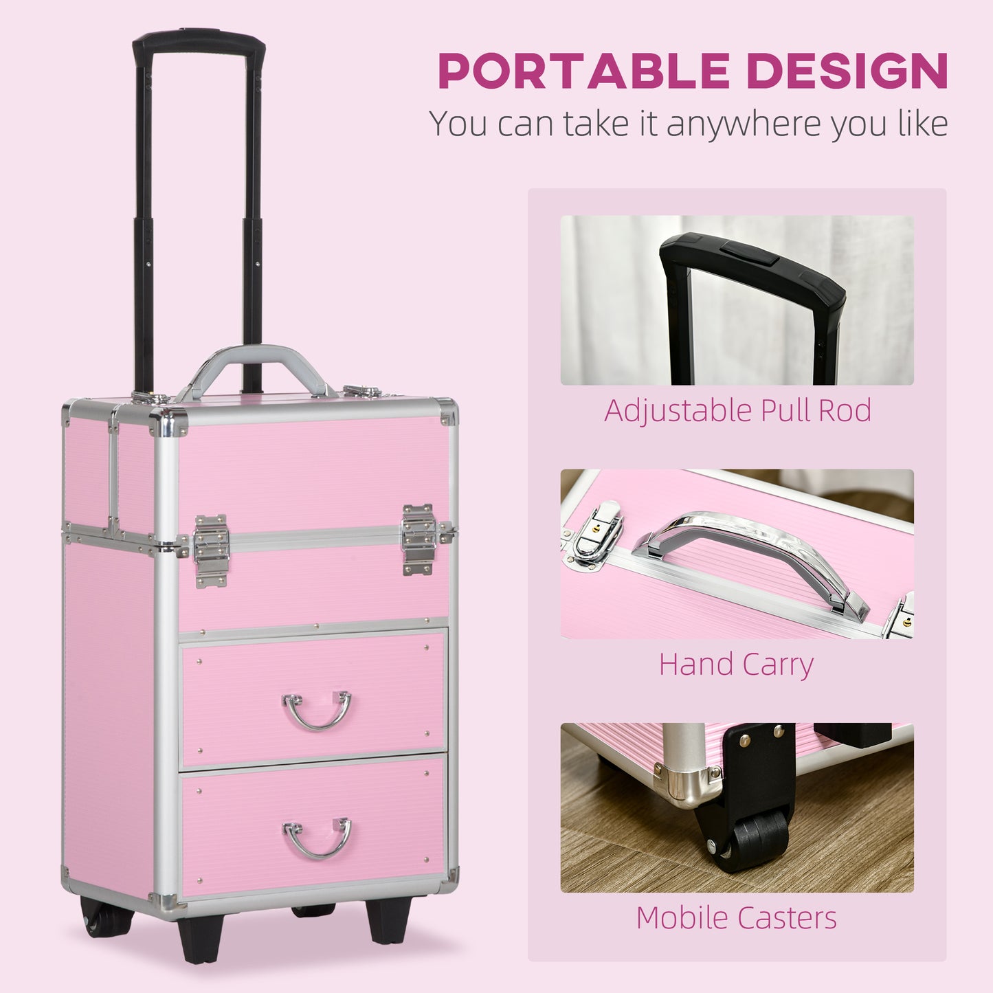 HOMCOM Rolling Makeup Train Case, Large Storage Cosmetic Trolley, Lockable Traveling Cart Trunk with Folding Trays, Swivel Wheels