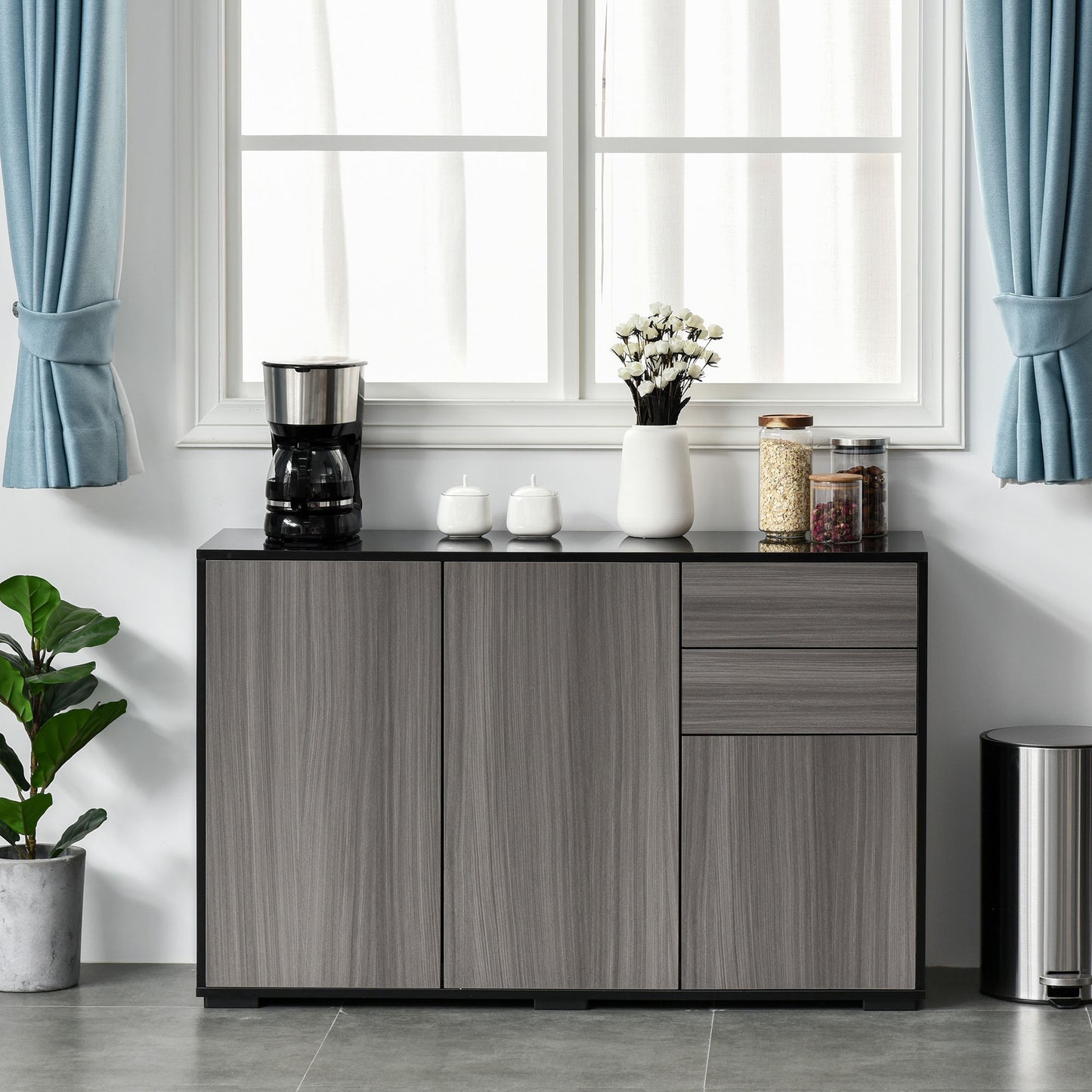 HOMCOM Kitchen Sideboard Storage Cabinet, Modern Coffee Bar with Push-Open Design and 2 Drawers for Living Room, Black