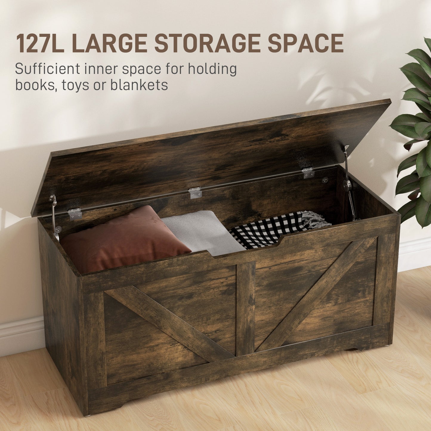 HOMCOM 39.4 Inches Storage Chest, Storage Trunk with 2 Safety Hinges, Wooden Box for Living Room, Black Wood Grain