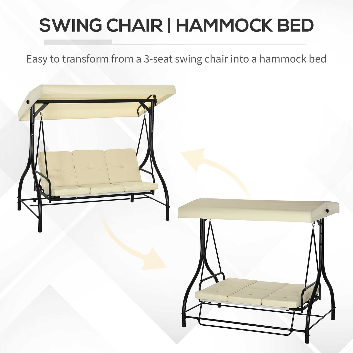 Outsunny Convertible Patio Swing Bed with Canopy and Cushions, 3 Seater Porch Swing for Outdoor, Backyard, Garden, Cream White
