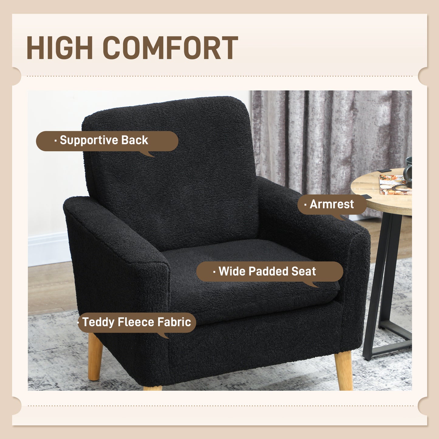HOMCOM Fabric Accent Chair, Modern Upholstered Armchair with Wood Legs and Wide Padded Seat, Cream White
