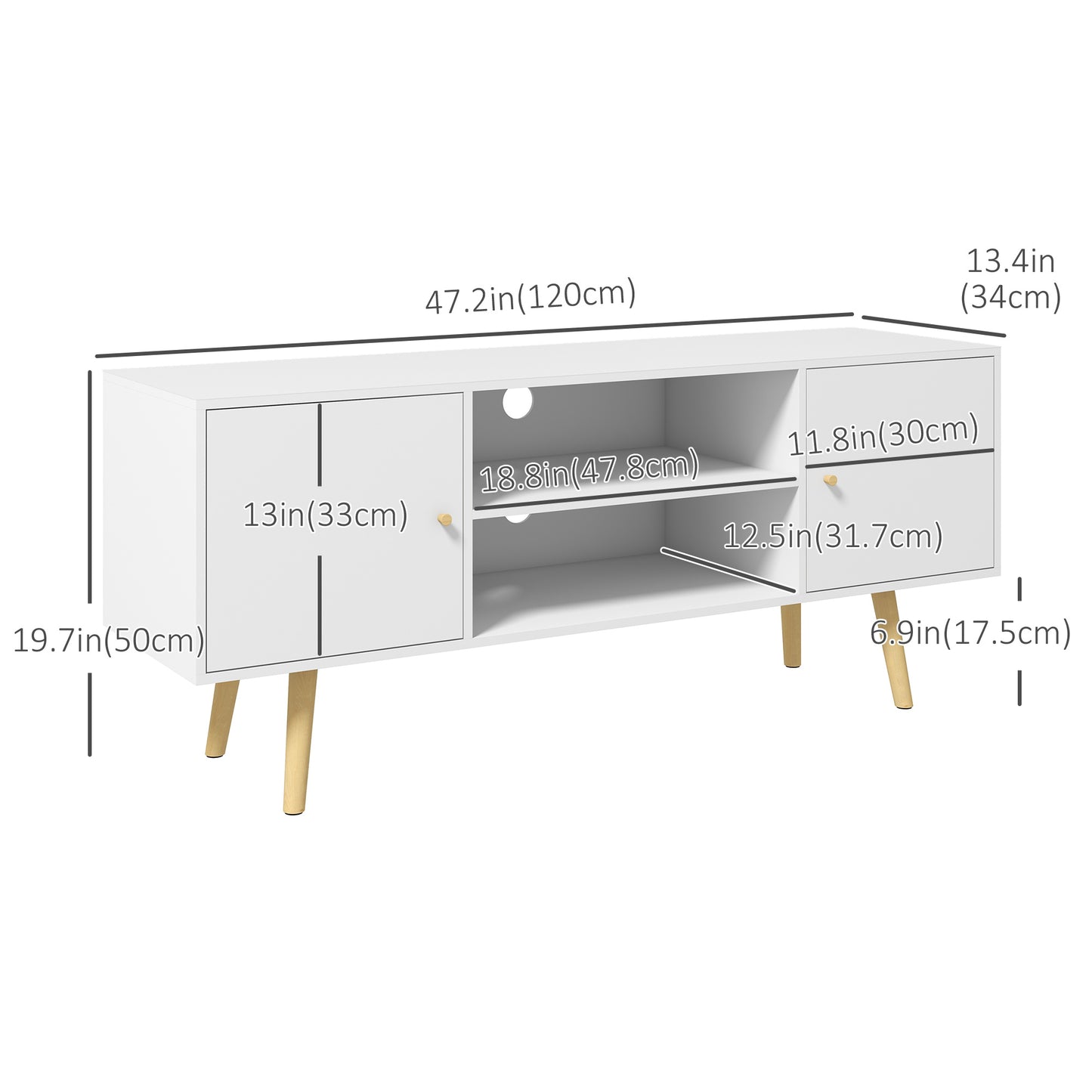 HOMCOM TV Stand Cabinet for TVs up to 55 Inches, Entertainment Unit with Storage Shelves and Wood Legs for Living Room, White