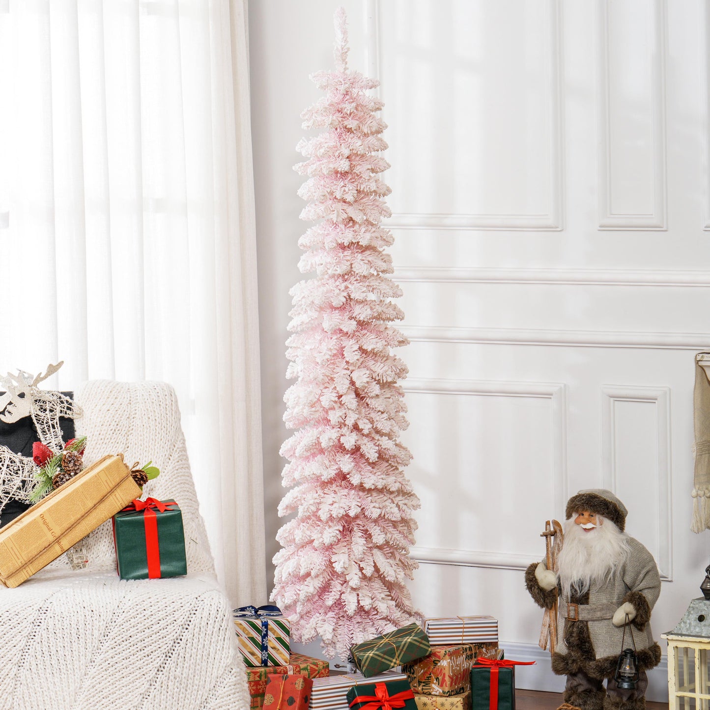 HOMCOM 5ft Snow-Flocked Artificial Christmas Tree, Slim Pencil Xmas Tree with 301 Realistic Branches, Metal Base, Pink