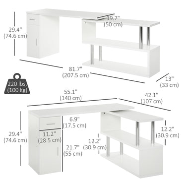 HOMCOM L-Shaped Rotating Computer Desk Home Office Study Workstation with Storage Shelves, Cabinet and Drawer for Home & Office, White