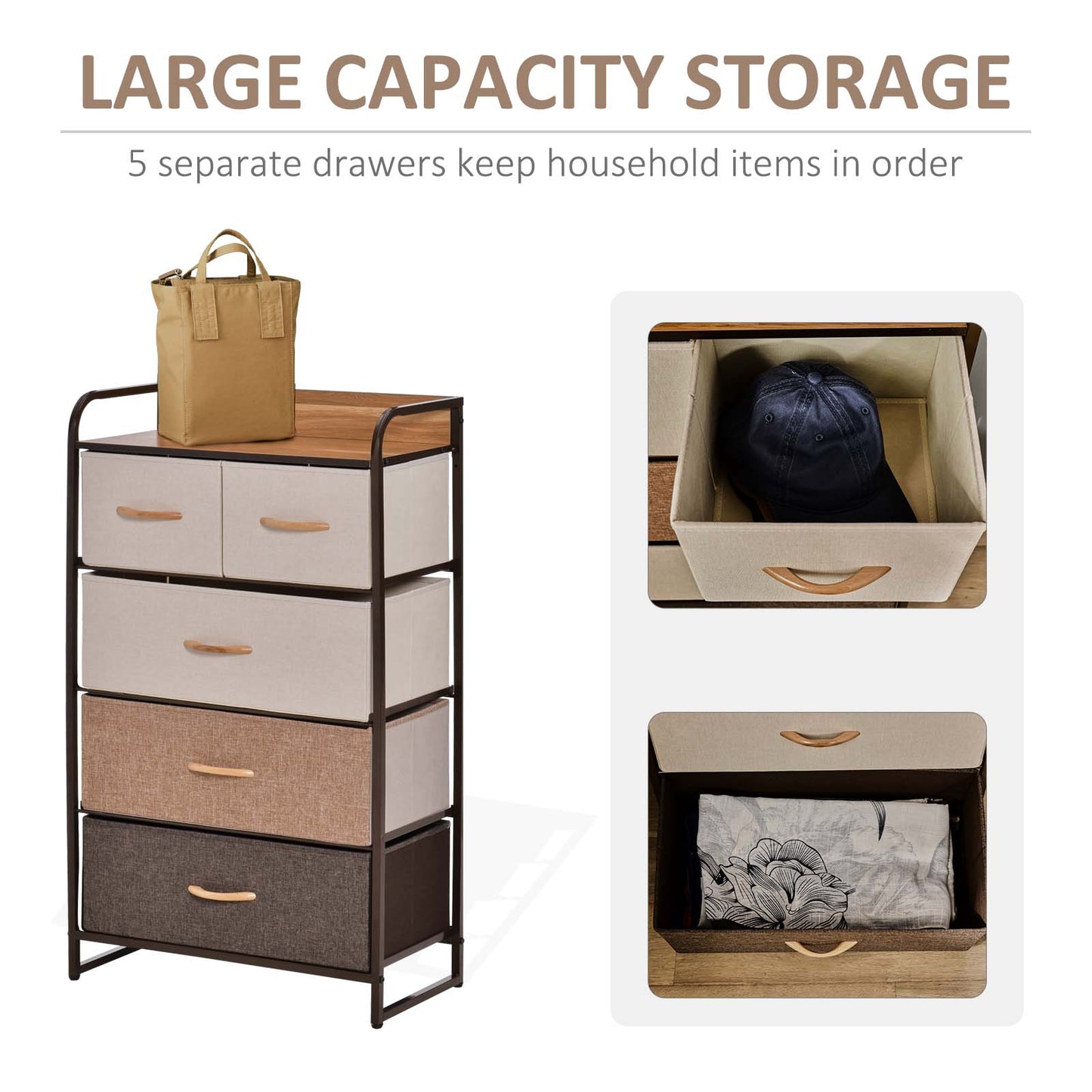 HOMCOM Dresser for Bedroom with 5 Drawers, Chest of Drawers with Metal Frame, Fabric Dresser for Living Room, Multi-Coloured