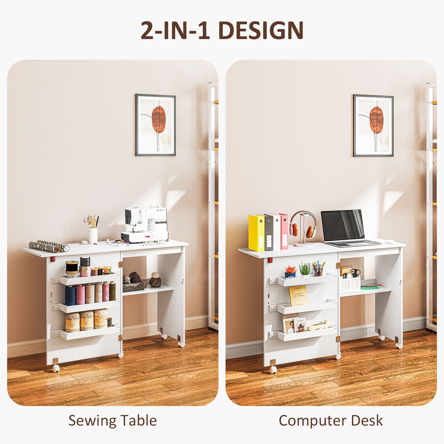 HOMCOM Sewing Machine Cabinet, Folding Sewing Table with Storage Shelf, Bins and Lockable Wheels for Small Space, White