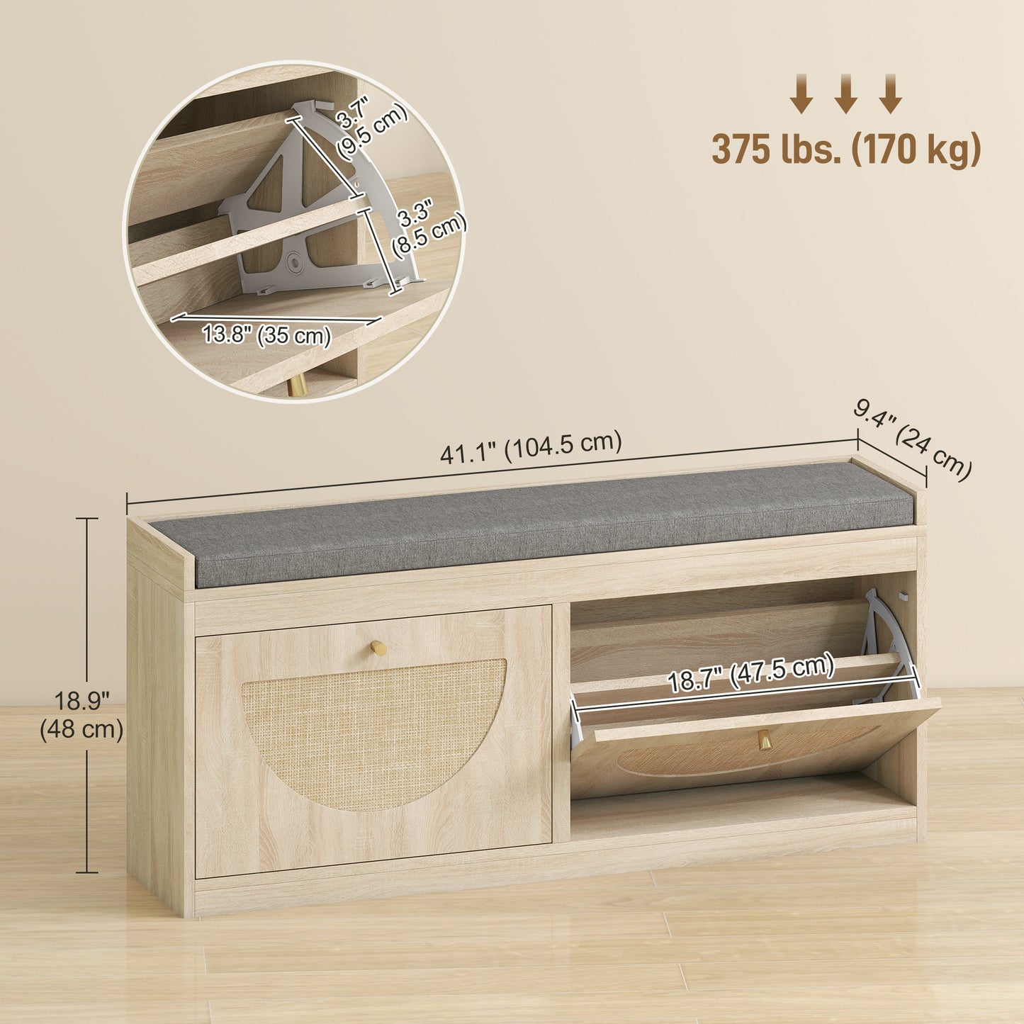 HOMCOM Shoe Bench with Flip Doors, Seat Cushion, Adjustable Shelves for 8 Pairs, Boho Entryway Bench for Bedroom, Natural Wood