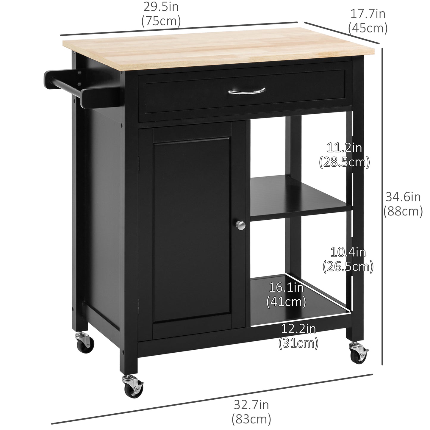 HOMCOM Rolling Kitchen Cart with Wood Top and Drawer, Kitchen Island on Wheels for Dining Room, Grey