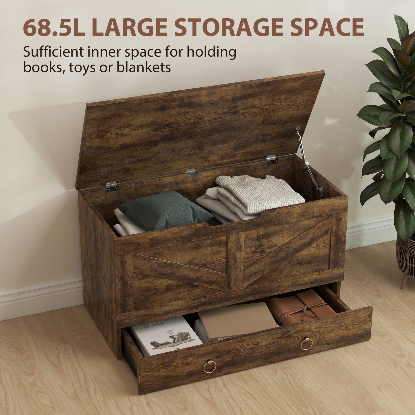 HOMCOM 39.4 Inches Storage Chest, Storage Trunk with 2 Safety Hinges, Wooden Box for Living Room, Black Wood Grain