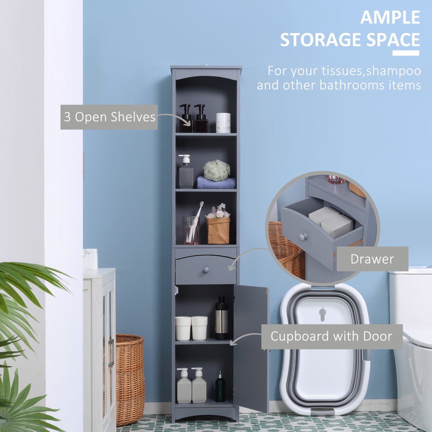 HOMCOM Tall Wooden Bathroom Cabinet Storage Organizer Kitchen Bedroom Decorative