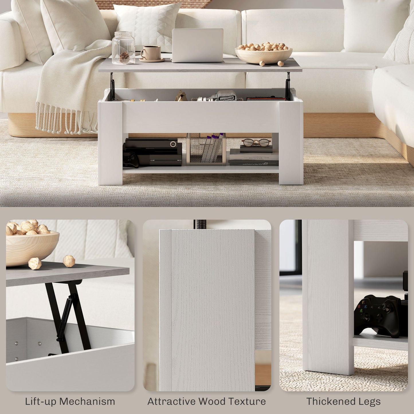 HOMCOM Lift Top Coffee Table with Hidden Storage Compartment and Open Shelf, Center Table for Living Room, Grey