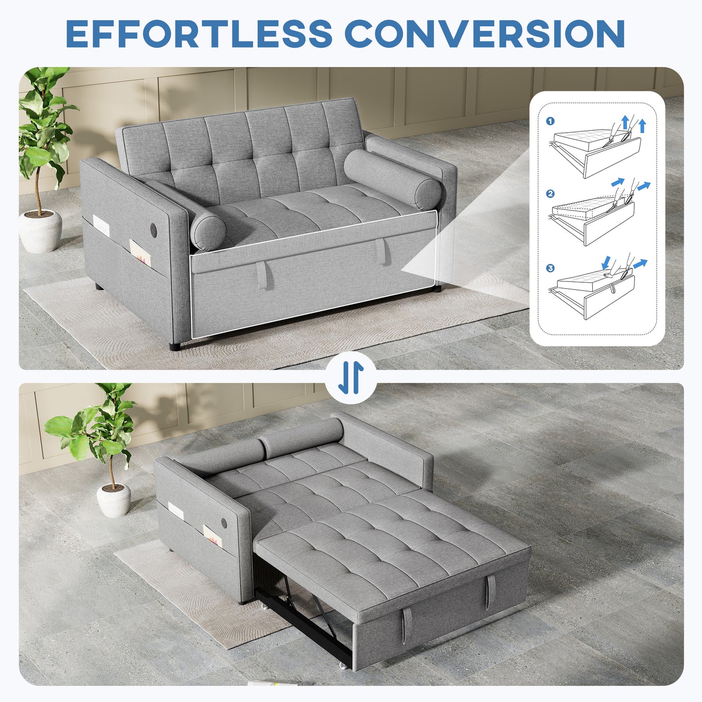 HOMCOM Pull Out Sofa Bed, Sleeper Sofa Couch with USB‑A+C, Small Linen Loveseat Futon Couch for Living Room, Grey