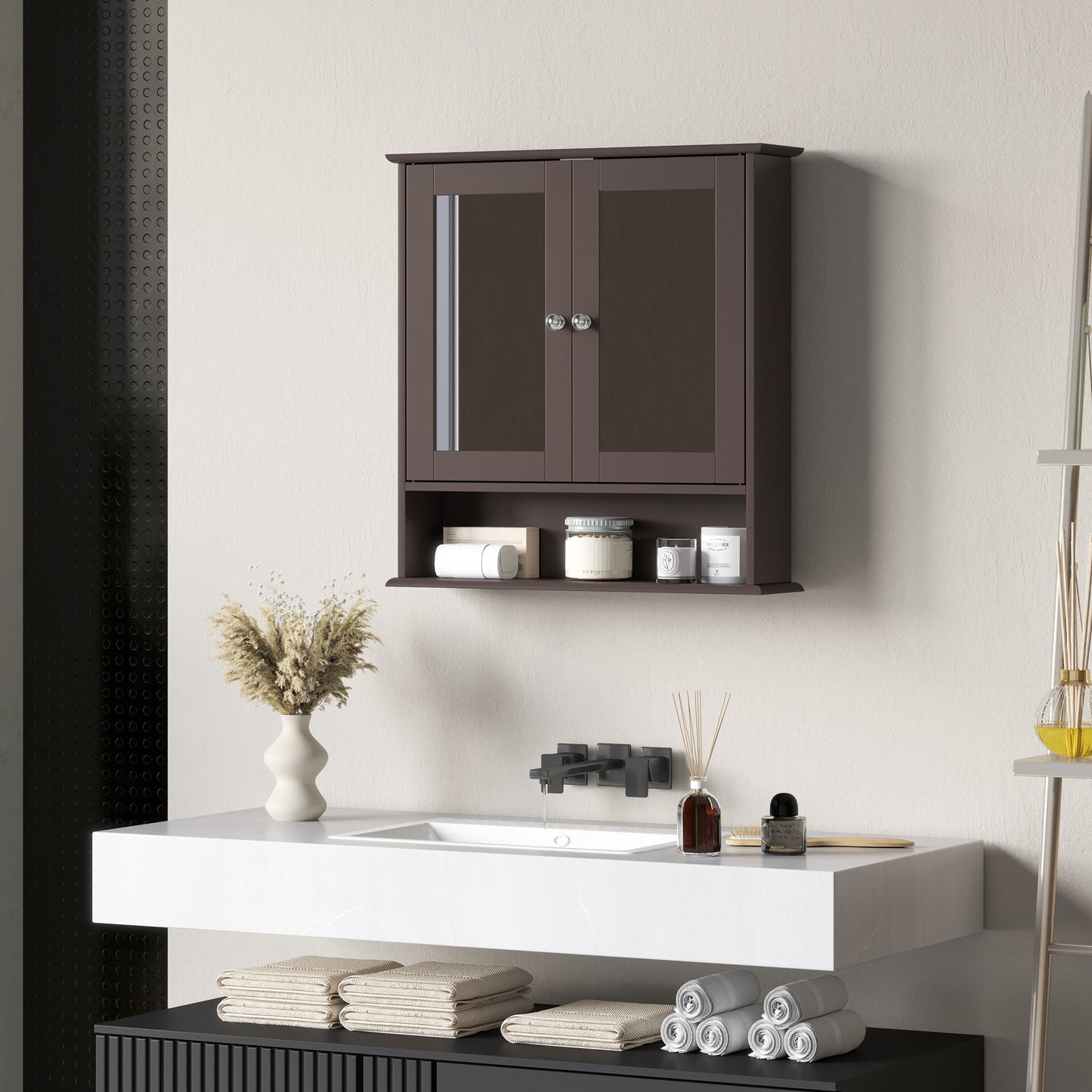 kleankin Medicine Cabinet, Wall-Mounted Bathroom Mirror Cabinet with Double Doors, Open Shelf, and Adjustable Shelf, Modern Bathroom Wall Cabinet, White